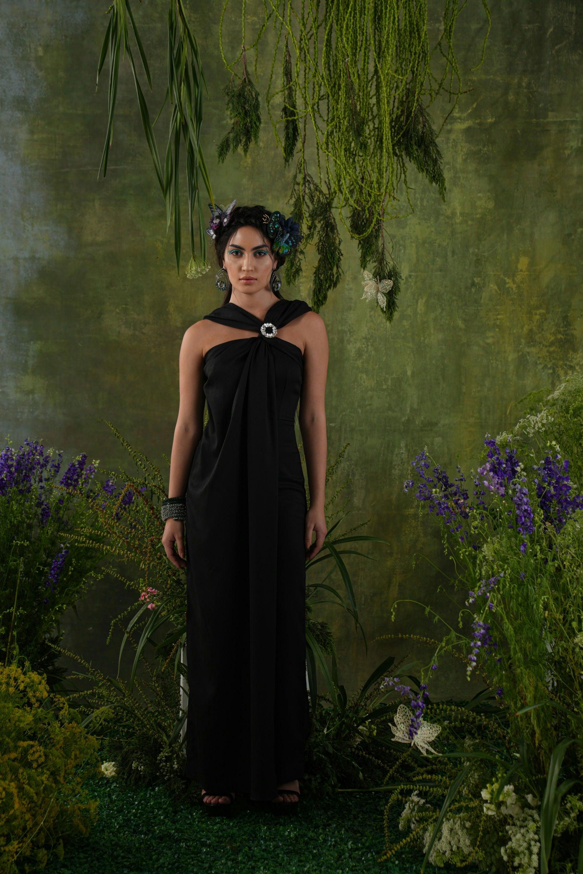 BLACK FRONT DRAPE JUMPSUIT