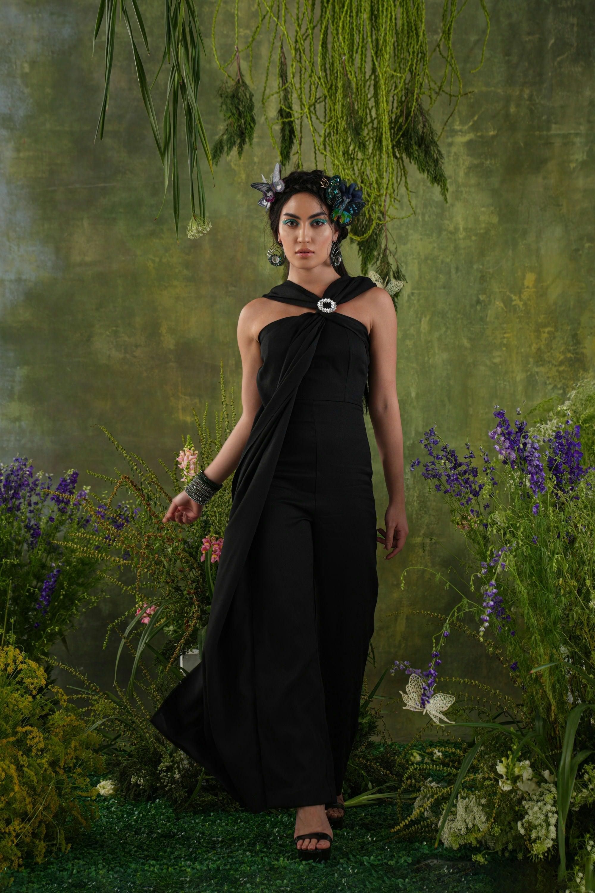 BLACK FRONT DRAPE JUMPSUIT
