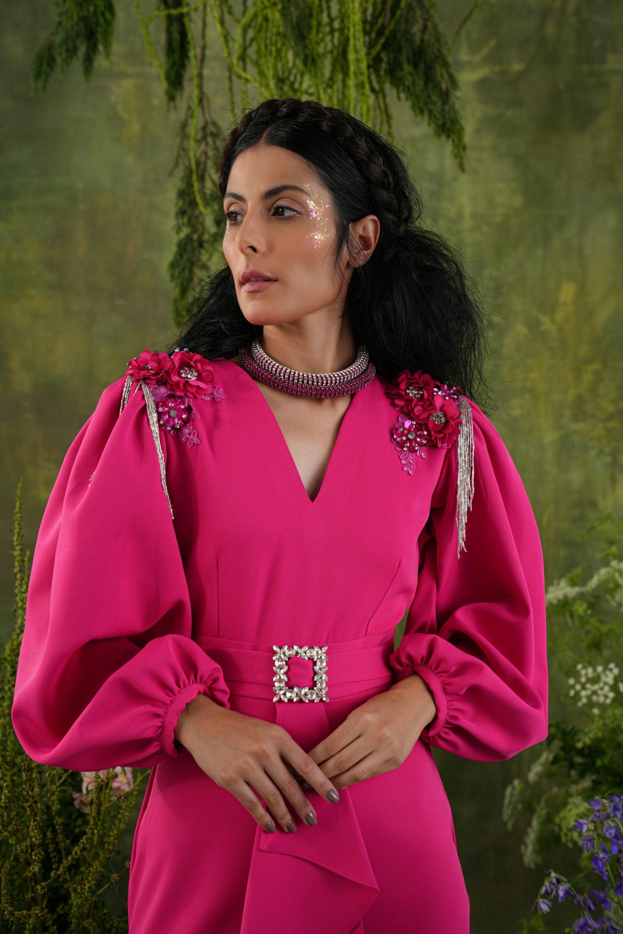 FUSCHIA PINK DRAPED EMBELLISHED DRESS - SALE