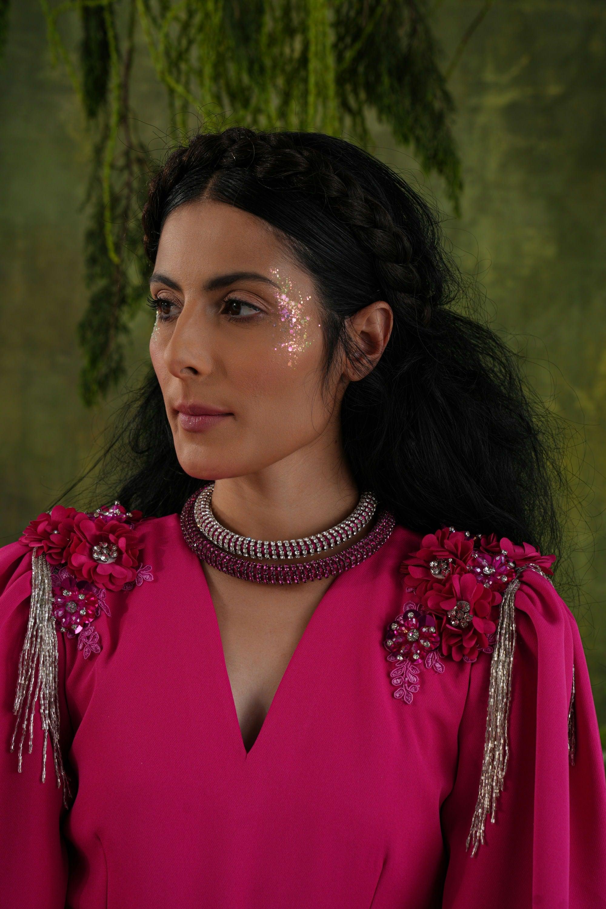 FUSCHIA PINK DRAPED EMBELLISHED DRESS - SALE