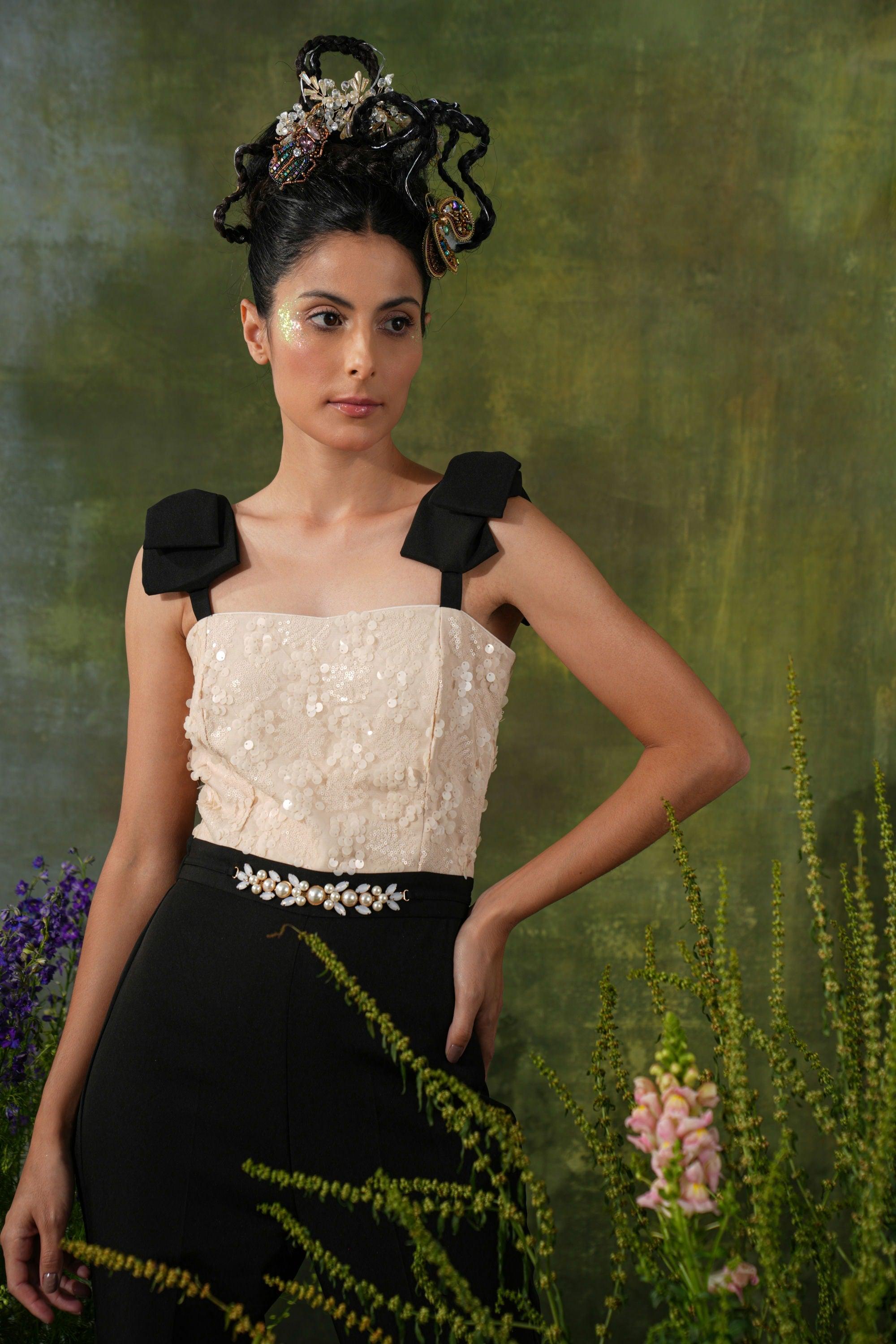 IVORY AND BLACK   BOW JUMPSUIT - SALE