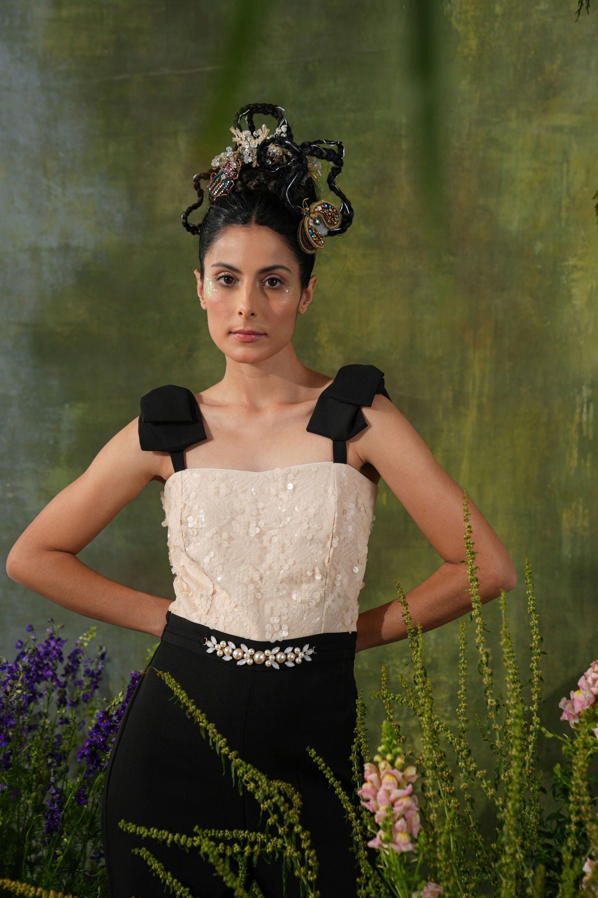 ROSHNI CHOPRA IN IVORY AND BLACK BOW JUMPSUIT
