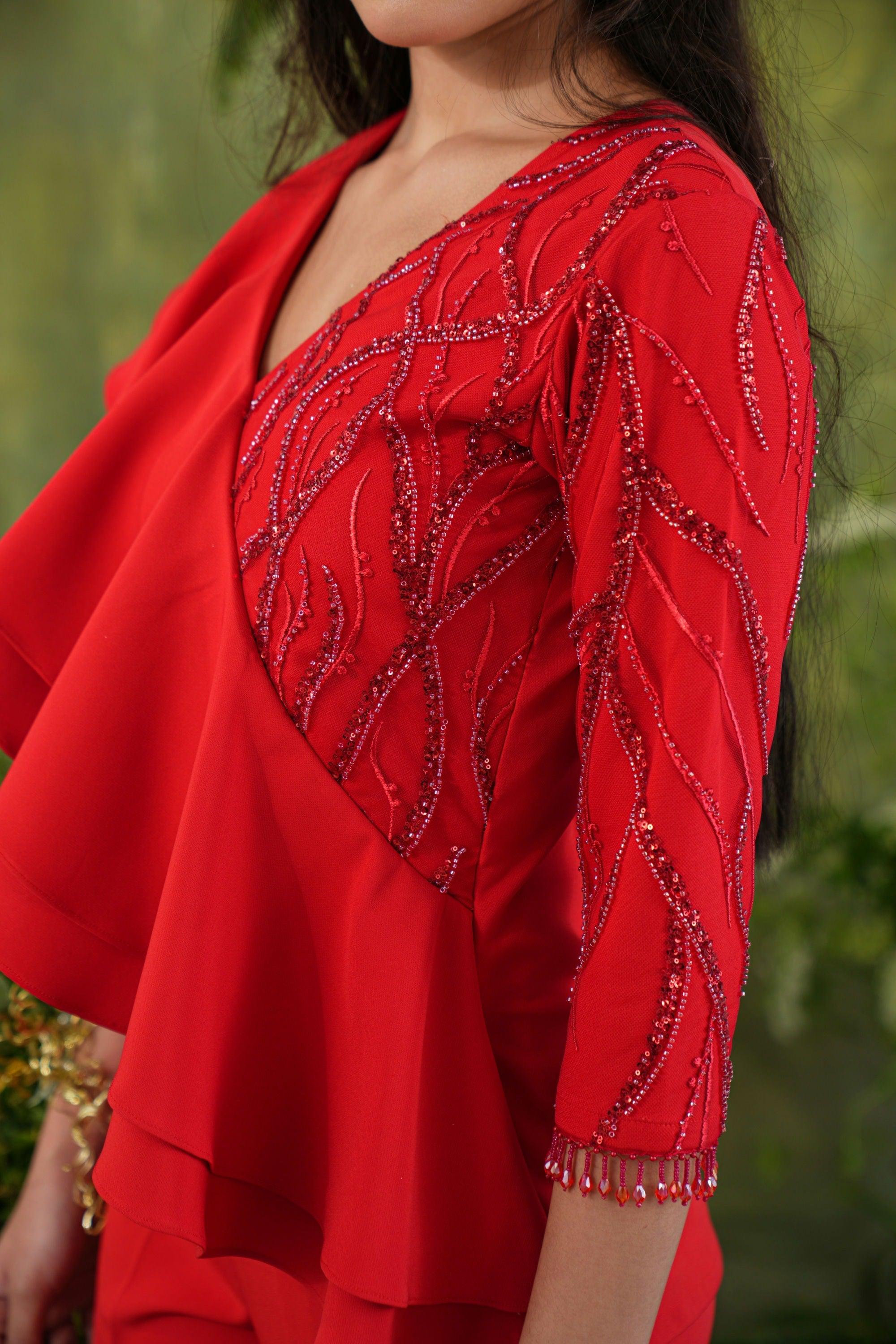 RED EMBELLISHED  RUFFLE CO-ORD SET - SALE