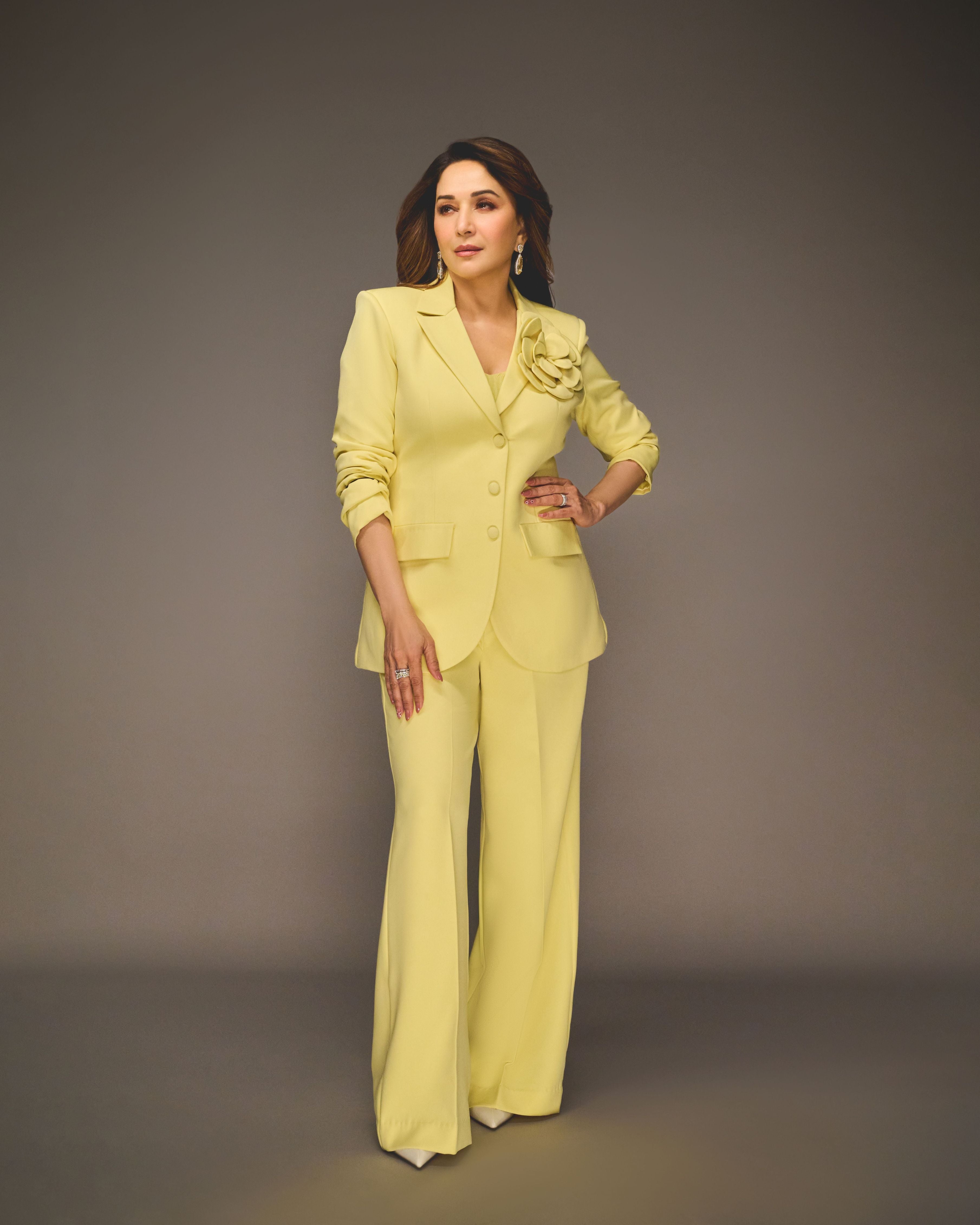 MADHURI DIXIT IN LEMON YELLOW FLOWER BLAZER SET