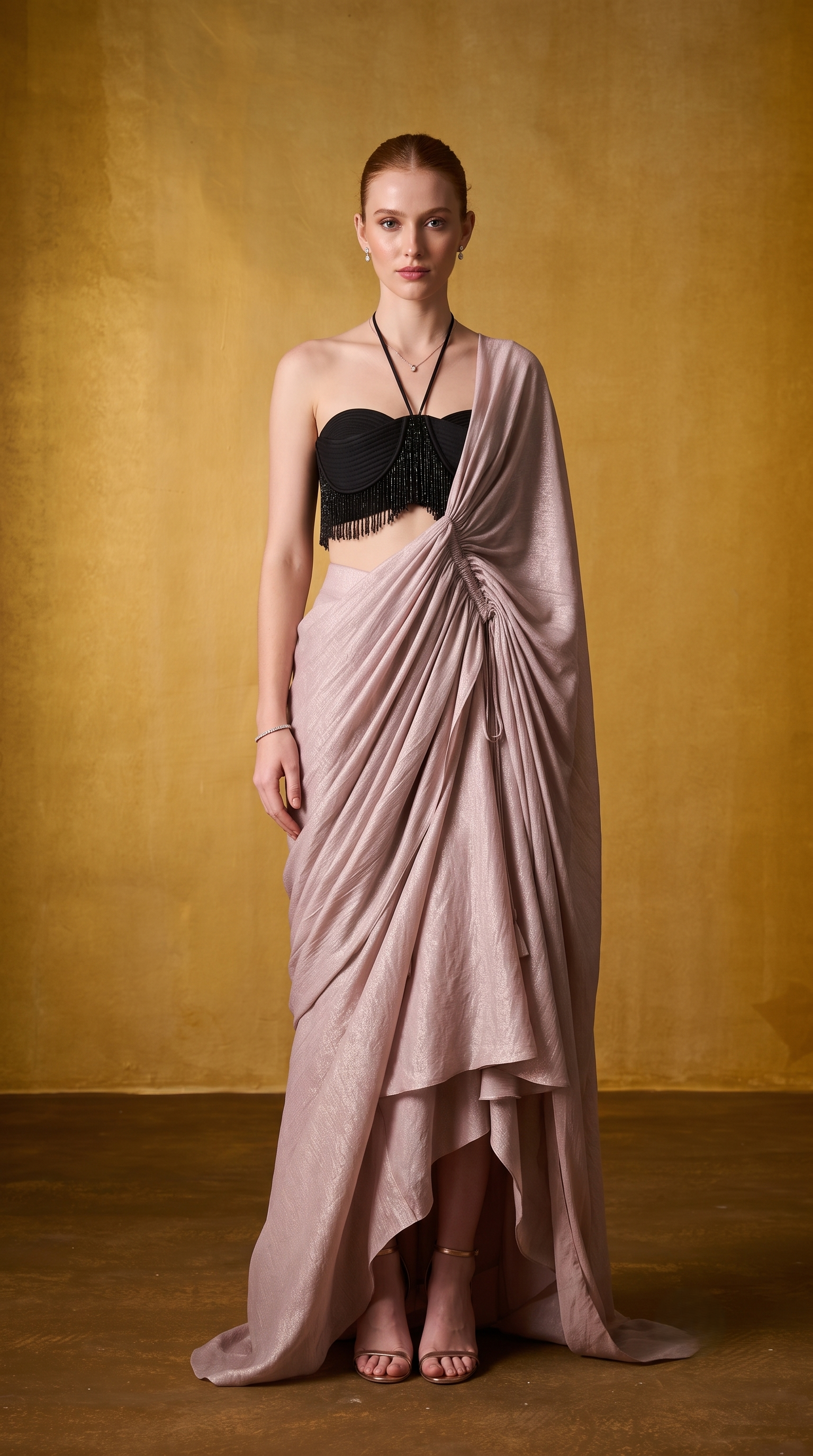 BLACK QUILTED BLOUSE WITH ADJUSTABLE DRAPED SAREE