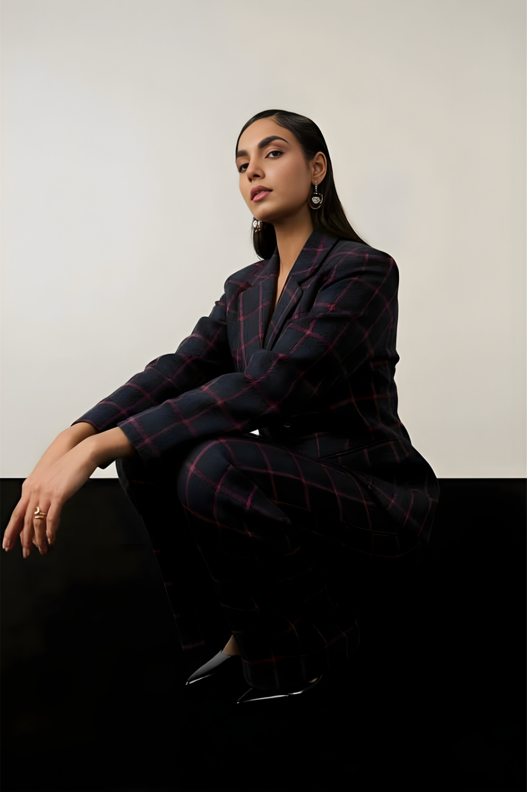 NAVY CHECKERED BLAZER SET