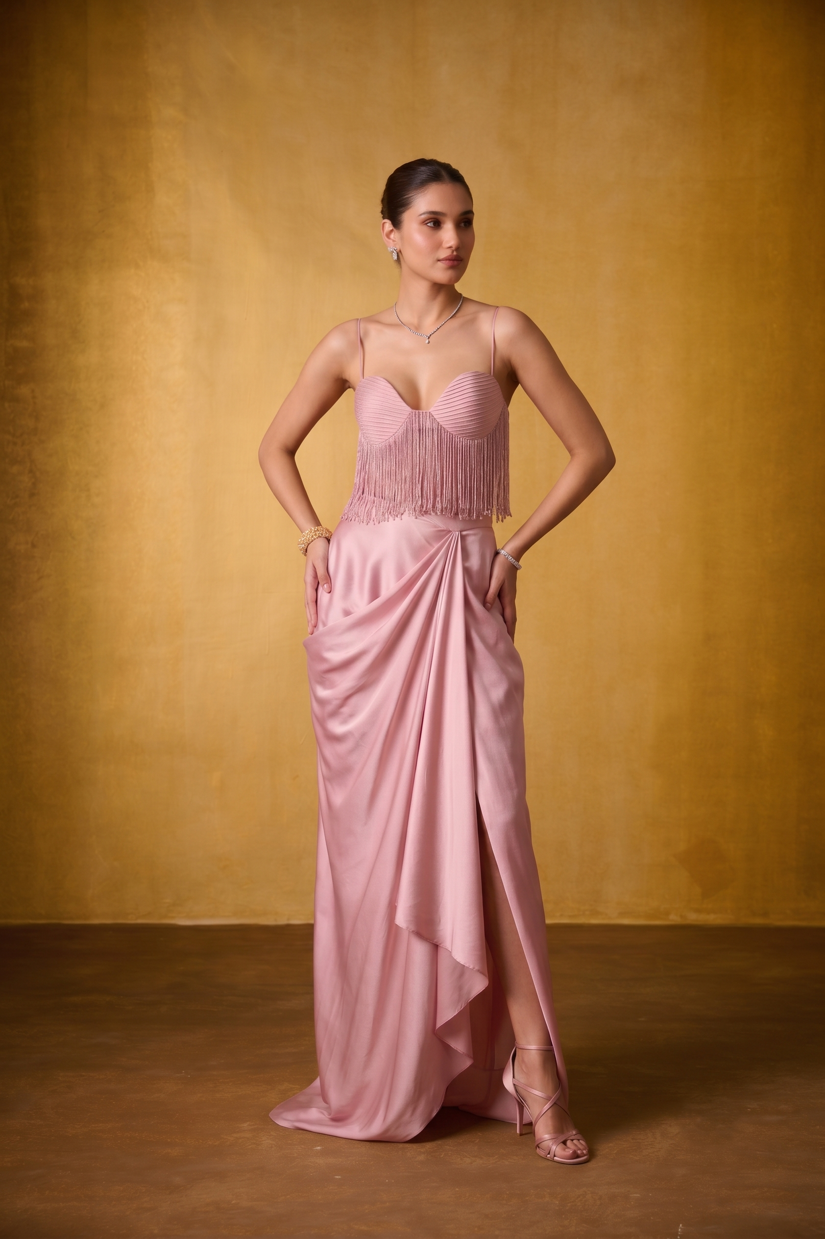 BLUSH PINK DRAPED SKIRT SET