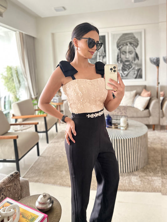 ROSHNI CHOPRA IN IVORY AND BLACK BOW JUMPSUIT