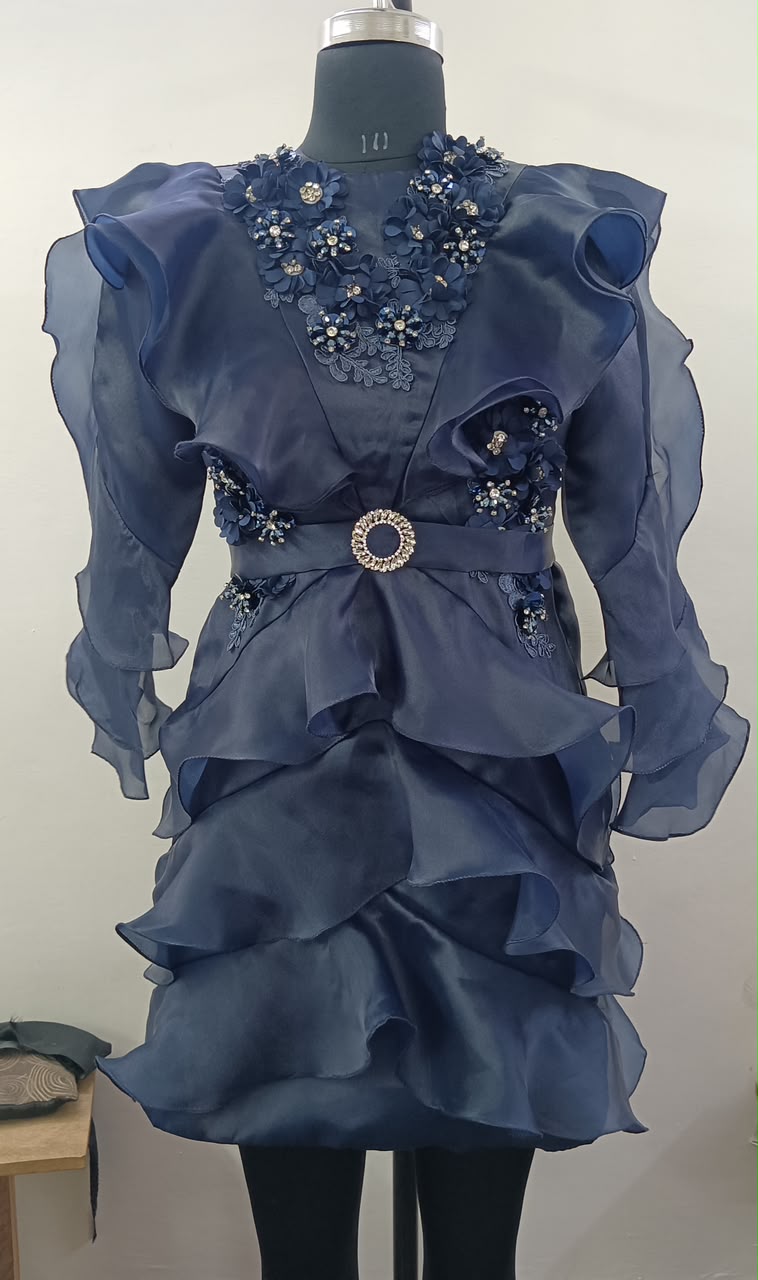 NAVY EMBELLISHED RUFFLE ORGANZA DRESS - SALE