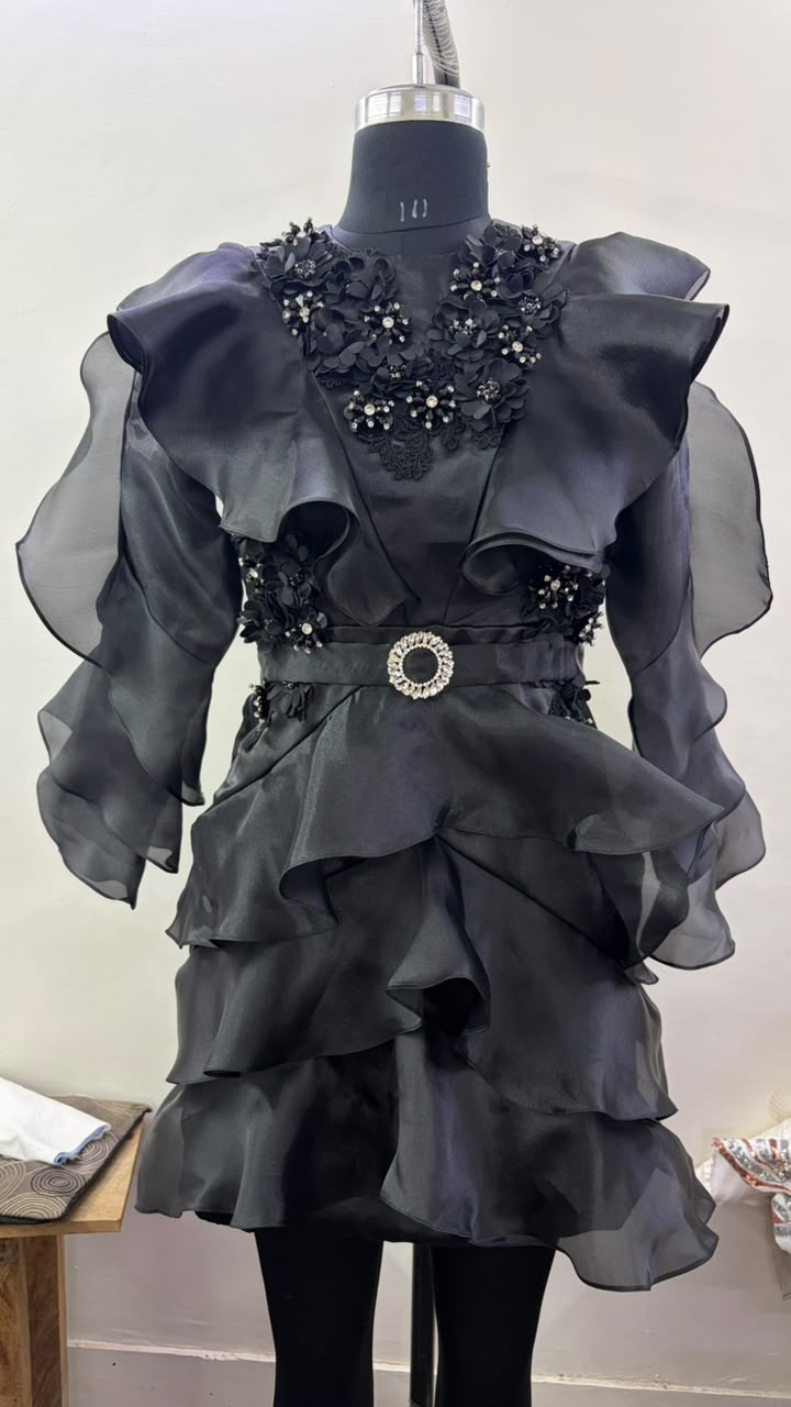 BLACK EMBELLISHED RUFFLE ORGANZA DRESS - SALE