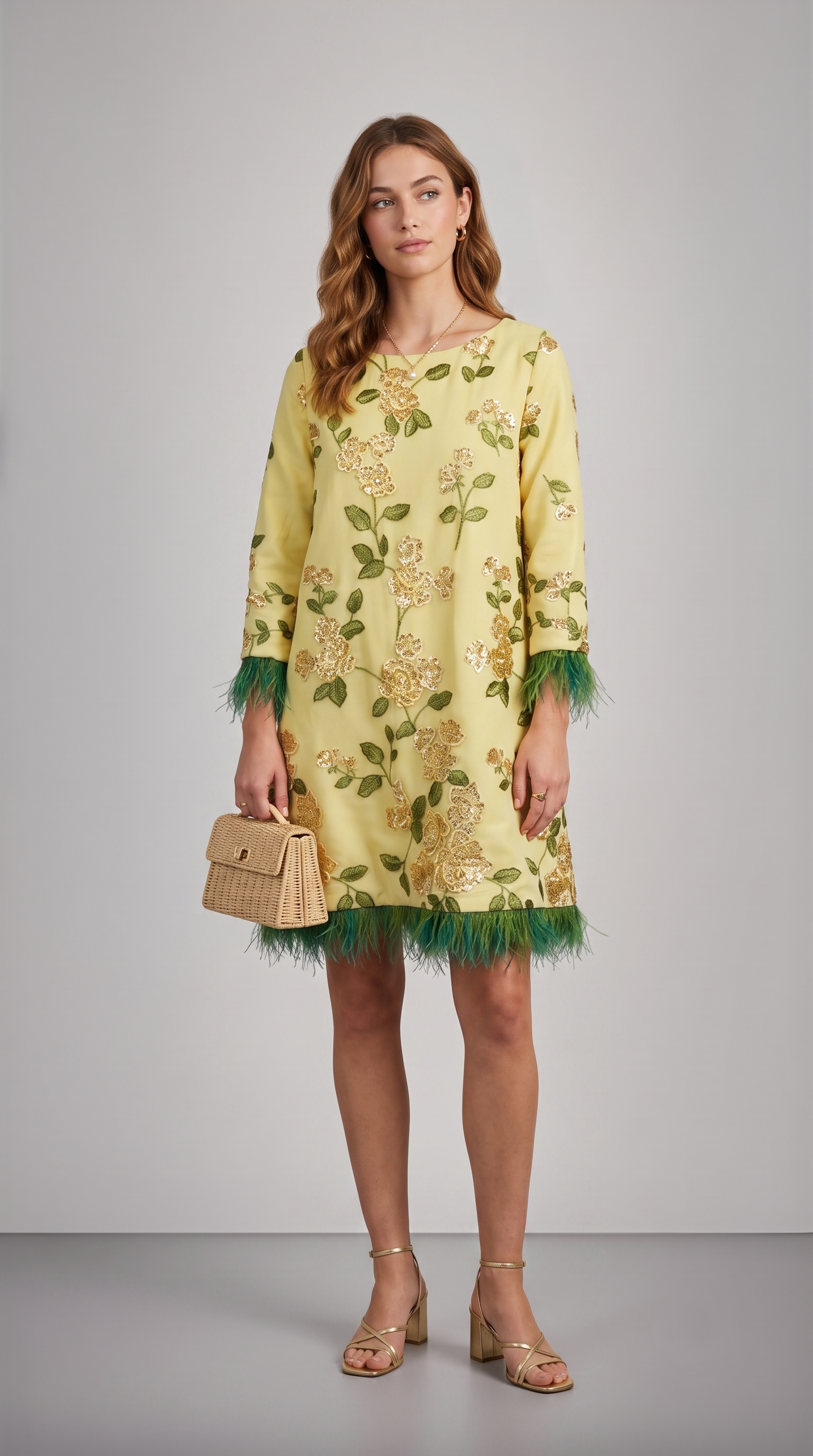 YELLOW FLORAL BEADED FEATHER DRESS