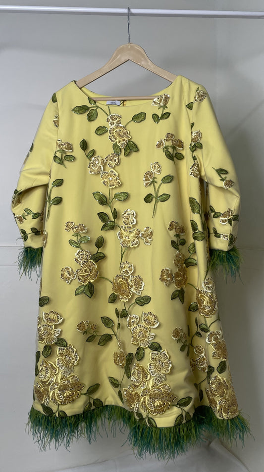 YELLOW FLORAL BEADED FEATHER DRESS