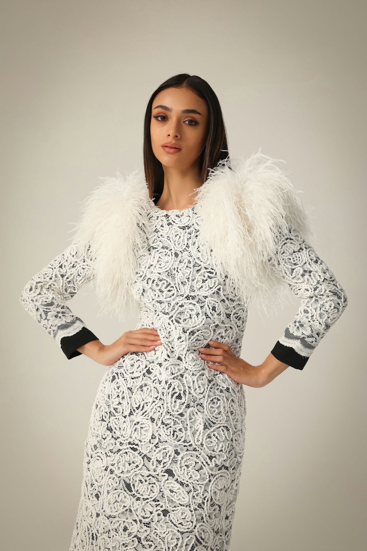 IVORY LACE FEATHER DRESS