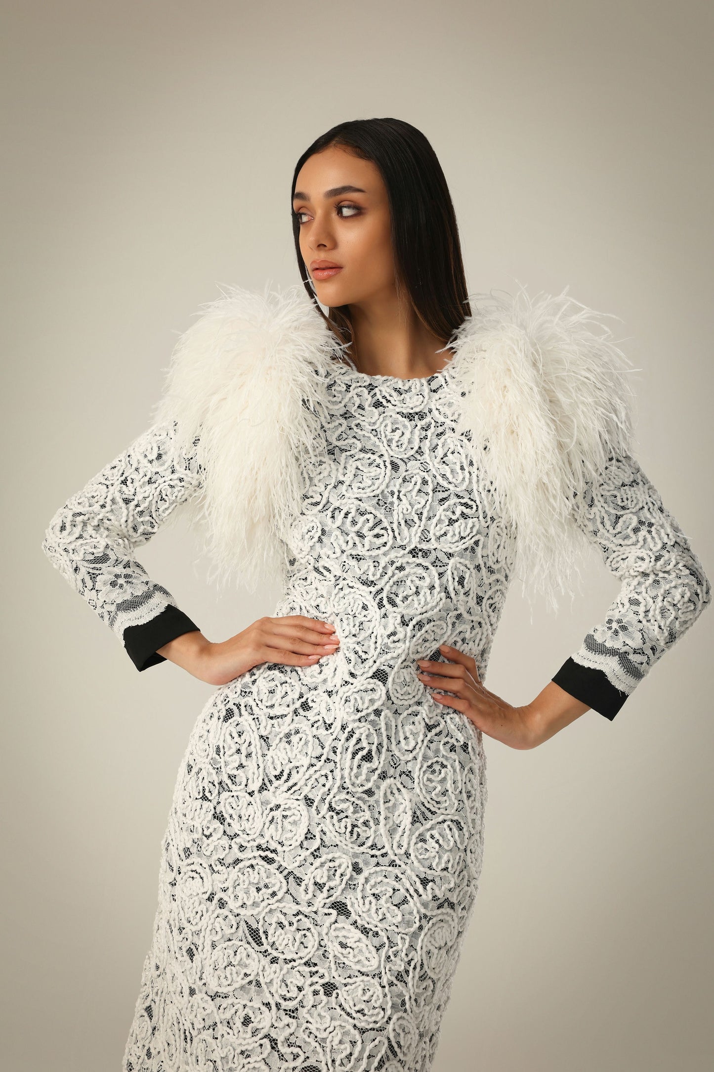 IVORY LACE FEATHER DRESS