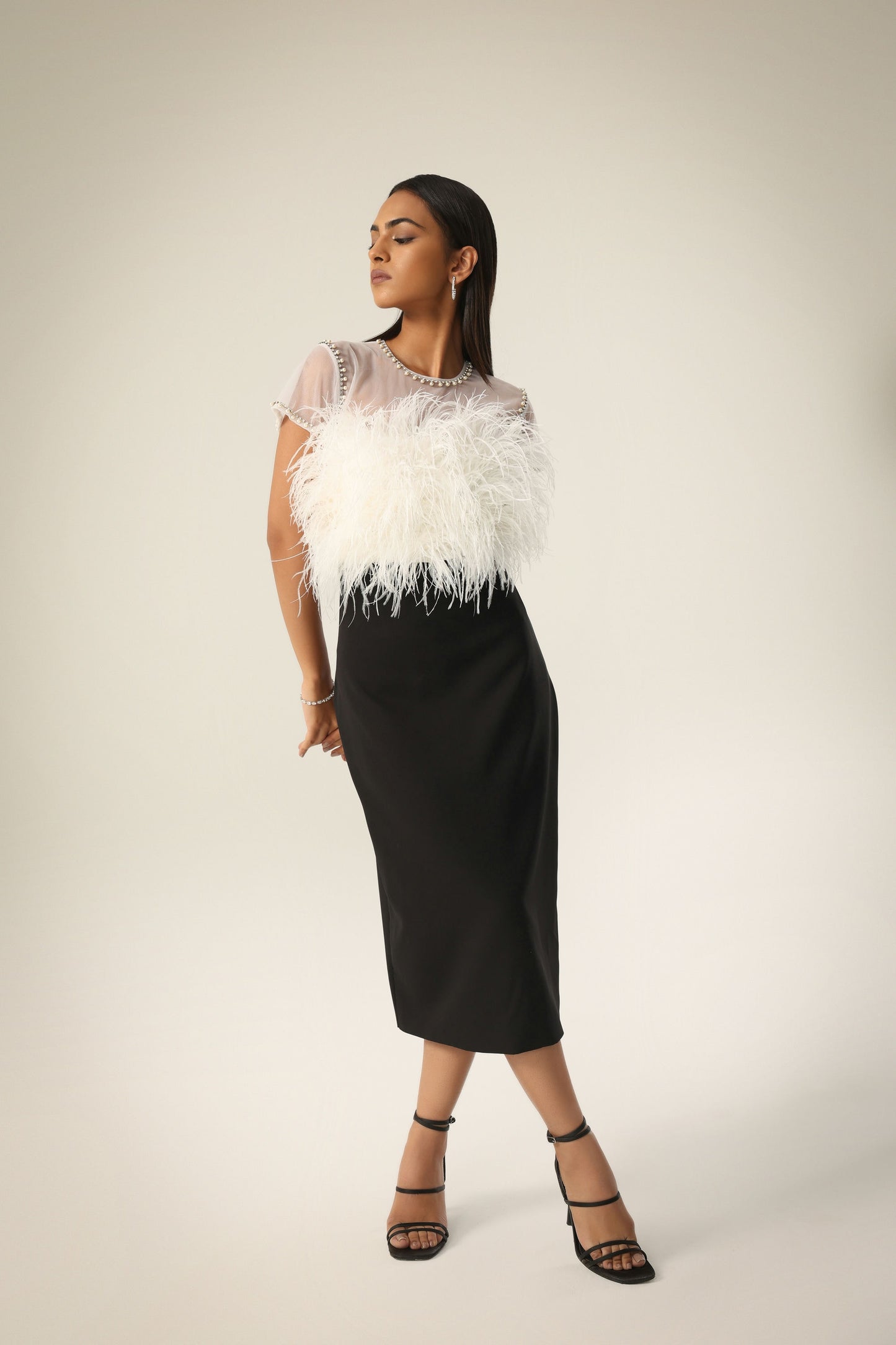 IVORY AND BLACK FEATHER DRESS