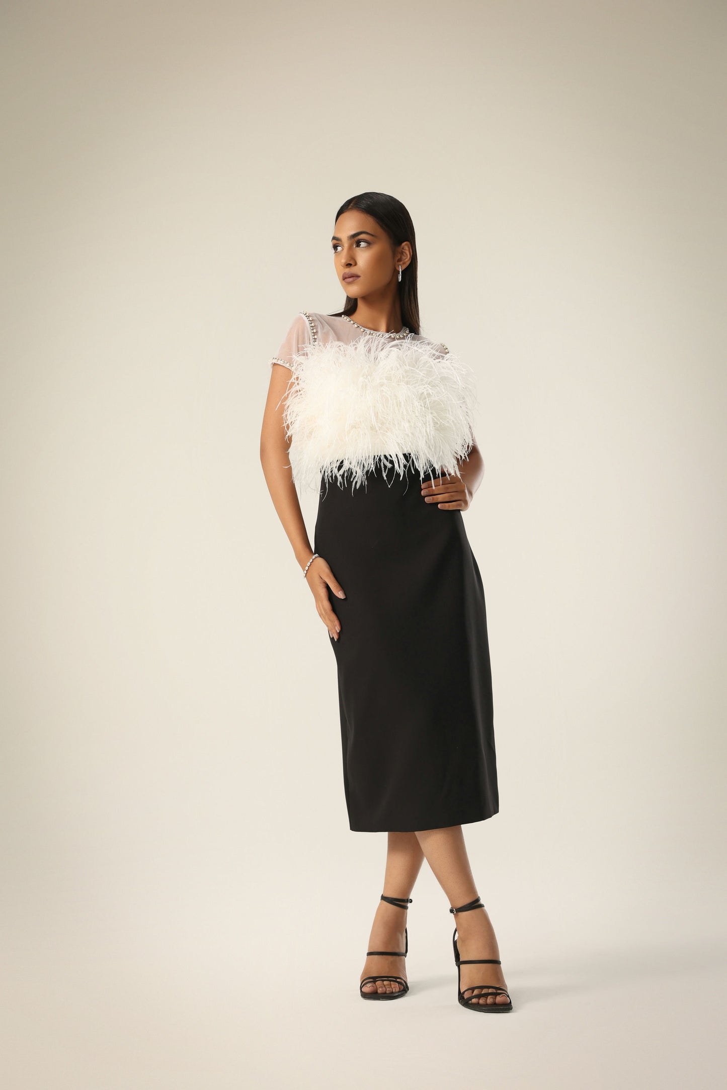 IVORY AND BLACK FEATHER DRESS