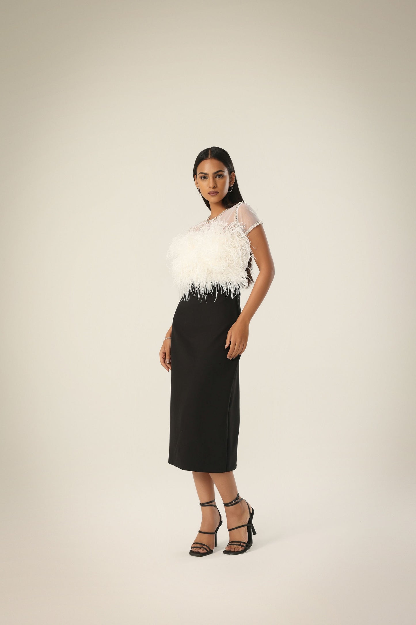 IVORY AND BLACK FEATHER DRESS