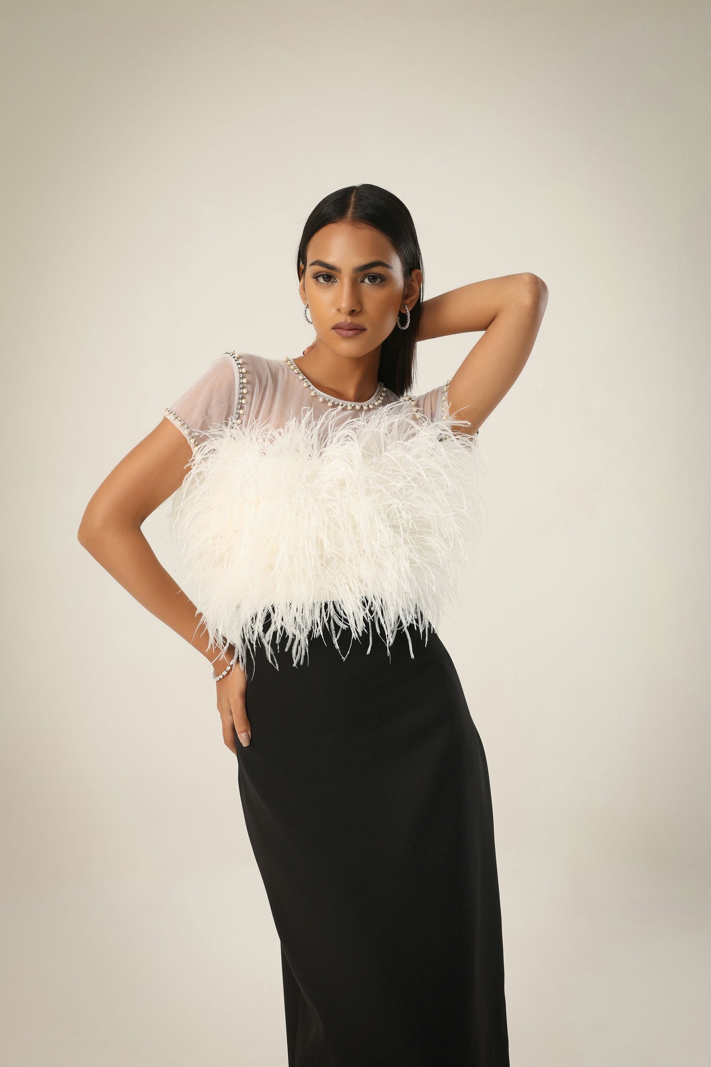 IVORY AND BLACK FEATHER DRESS