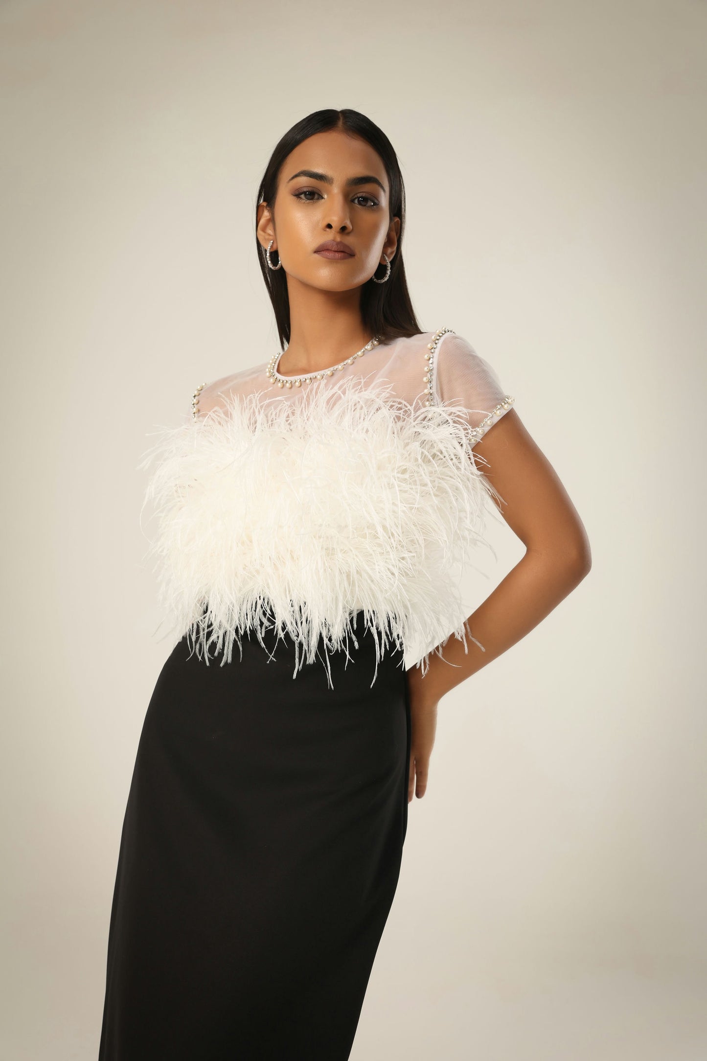 IVORY AND BLACK FEATHER DRESS