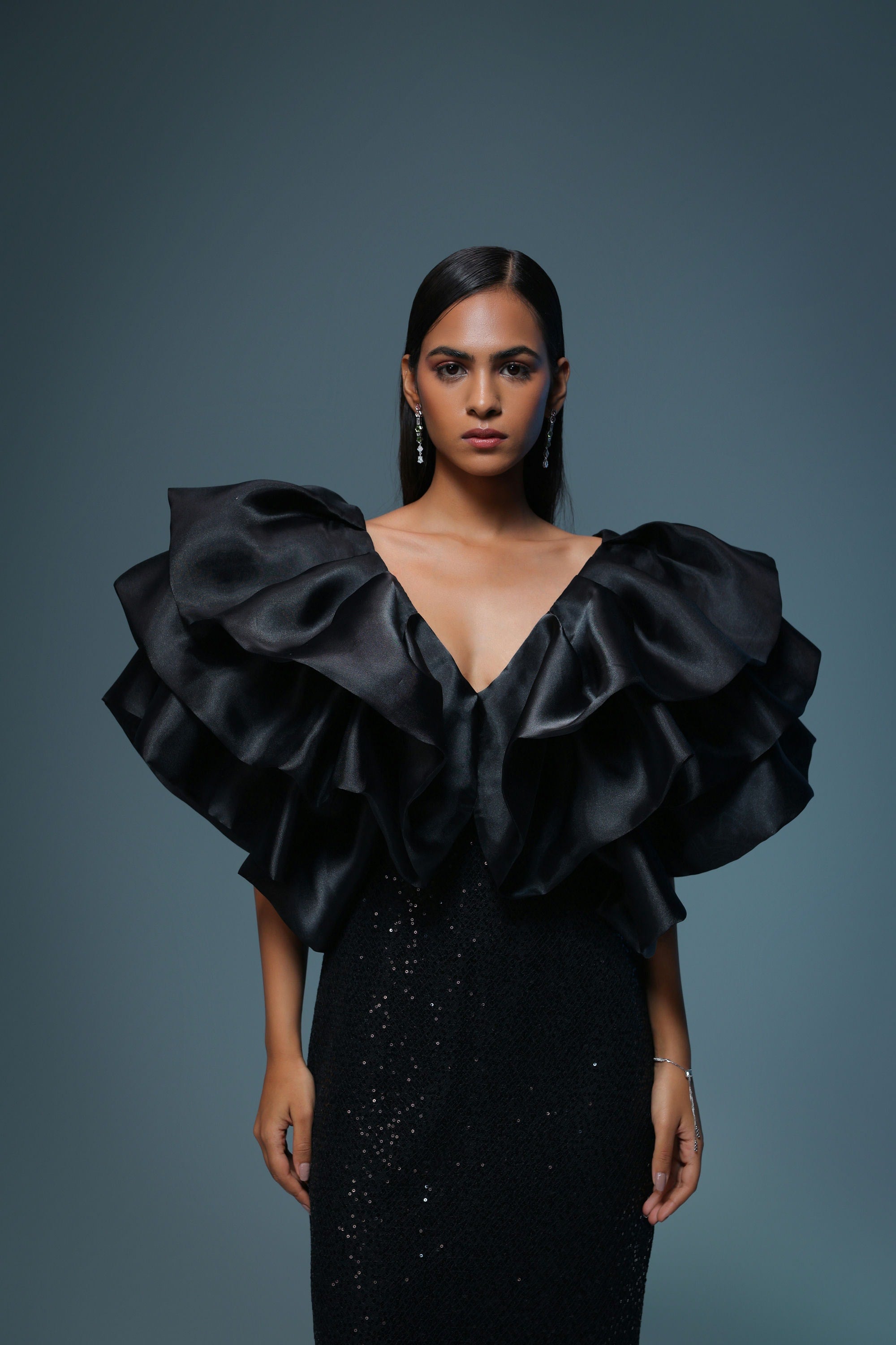 BLACK ORGANZA SEQUIN MIDI DRESS
