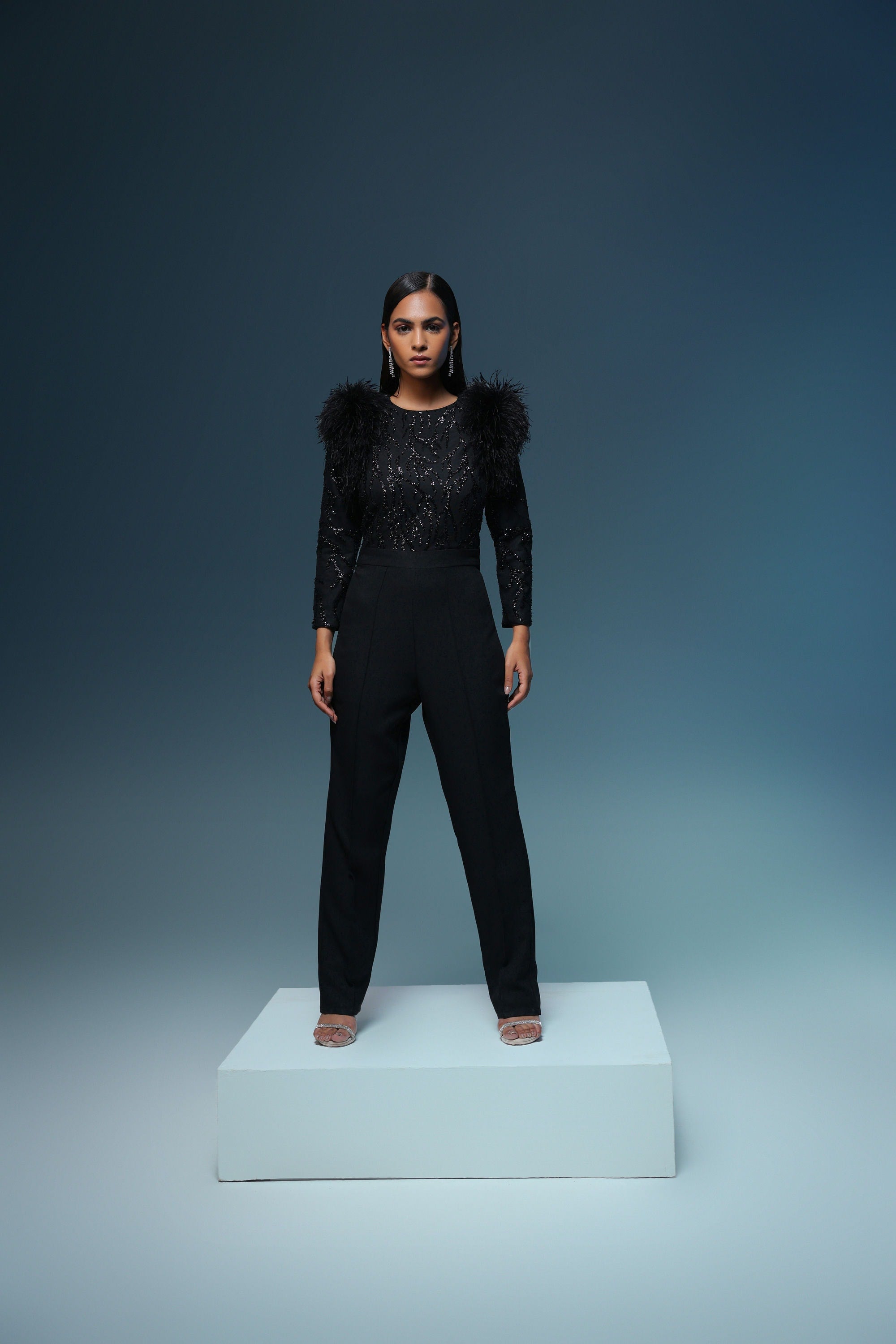 BLACK FEATHER SEQUIN JUMPSUIT