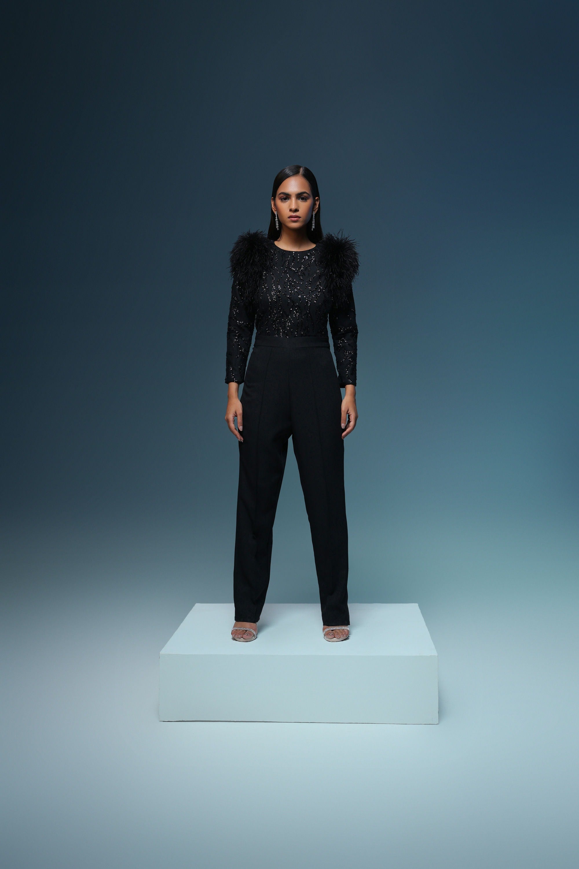 BLACK FEATHER SEQUIN JUMPSUIT