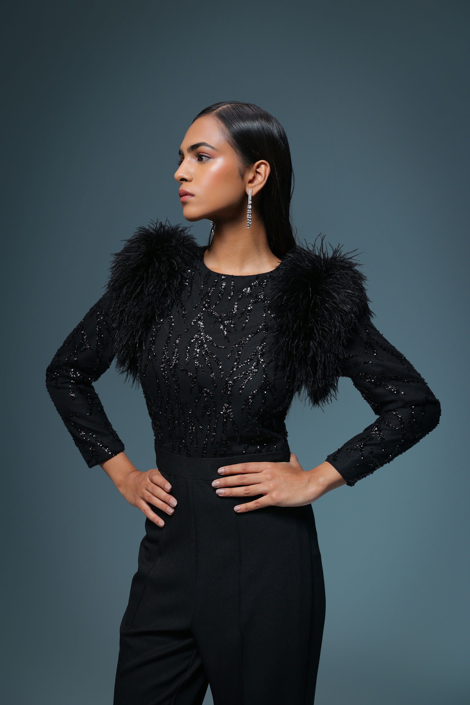 BLACK FEATHER SEQUIN JUMPSUIT