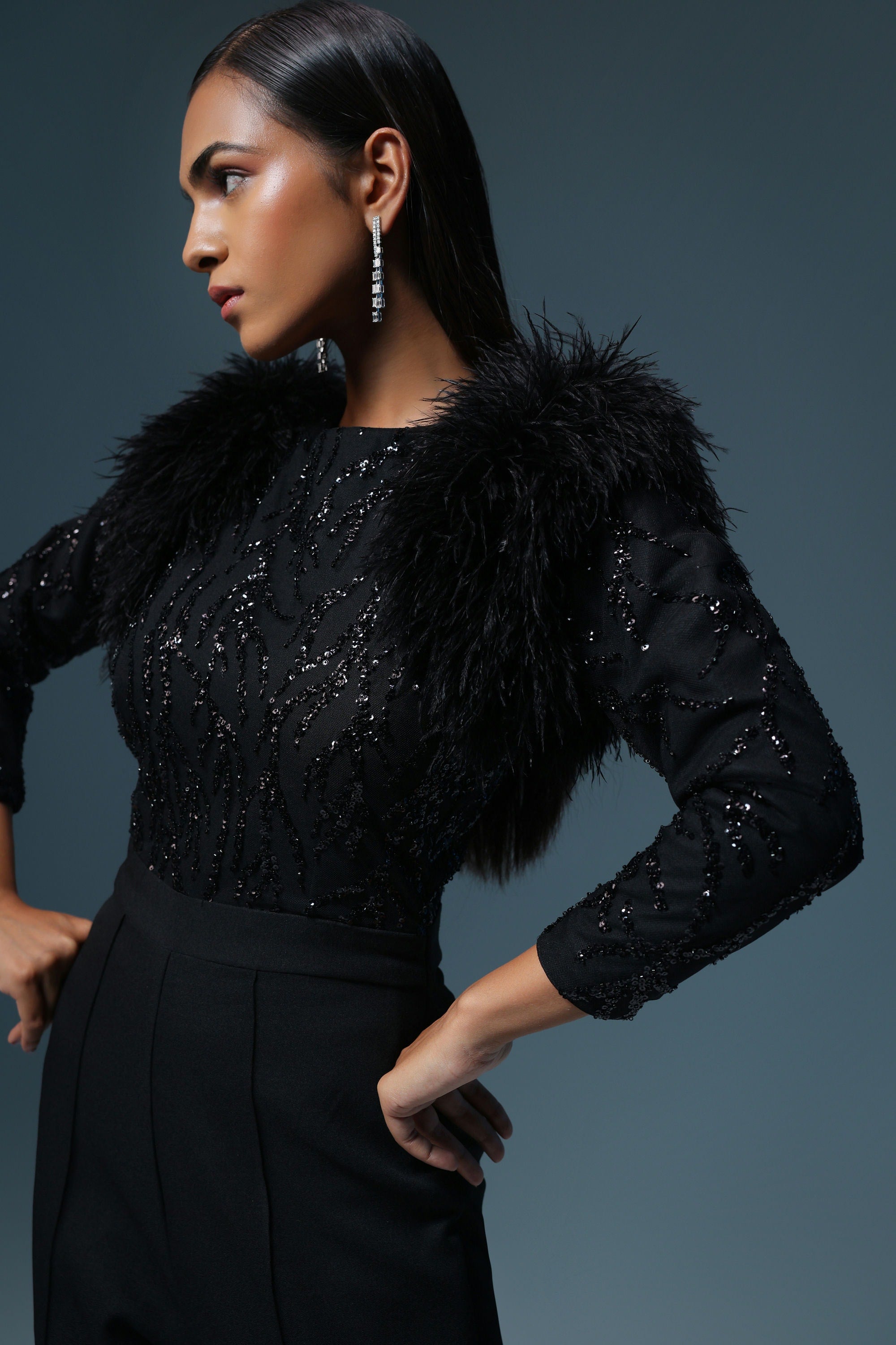 BLACK FEATHER SEQUIN JUMPSUIT