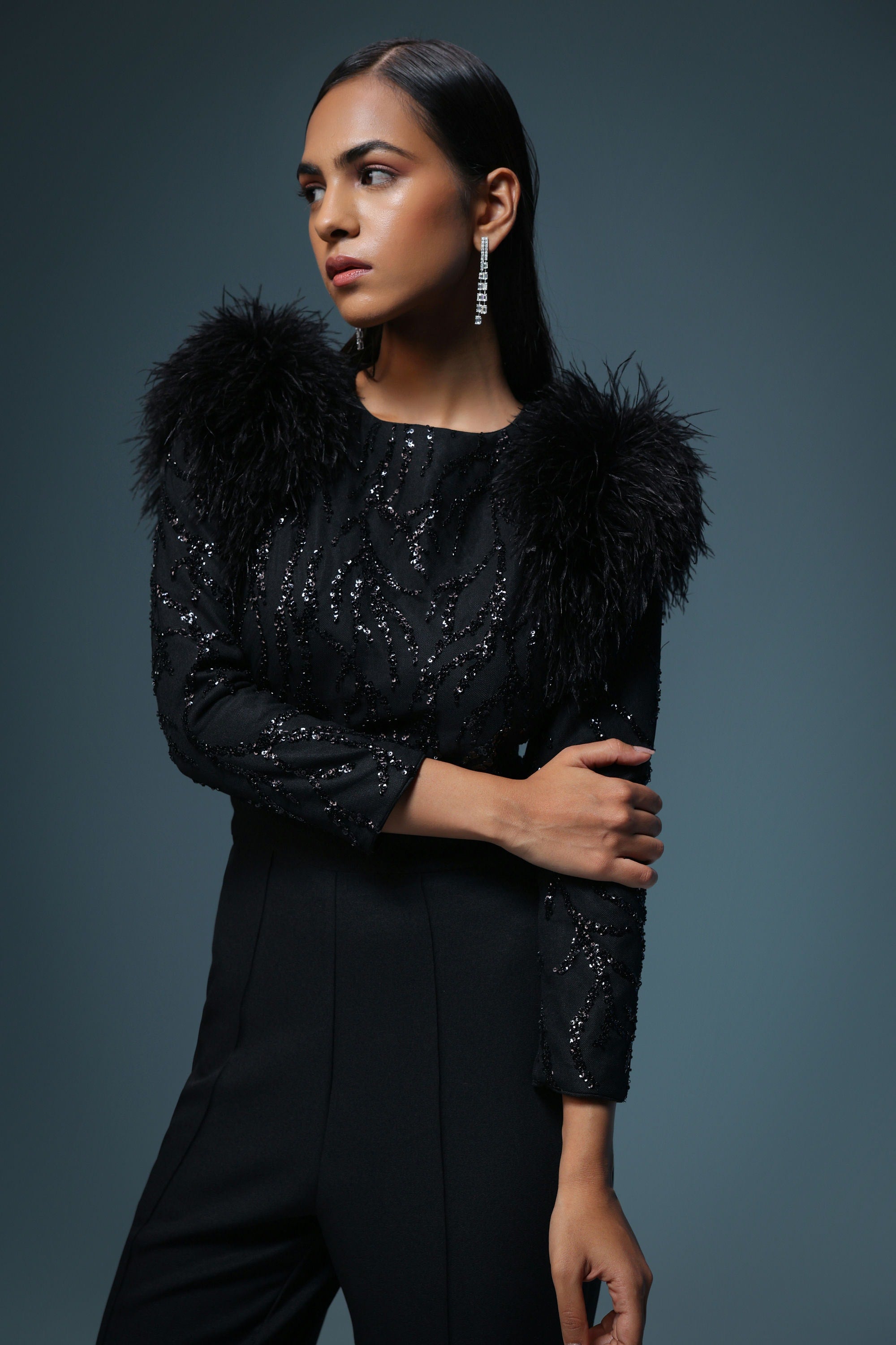 BLACK FEATHER SEQUIN JUMPSUIT