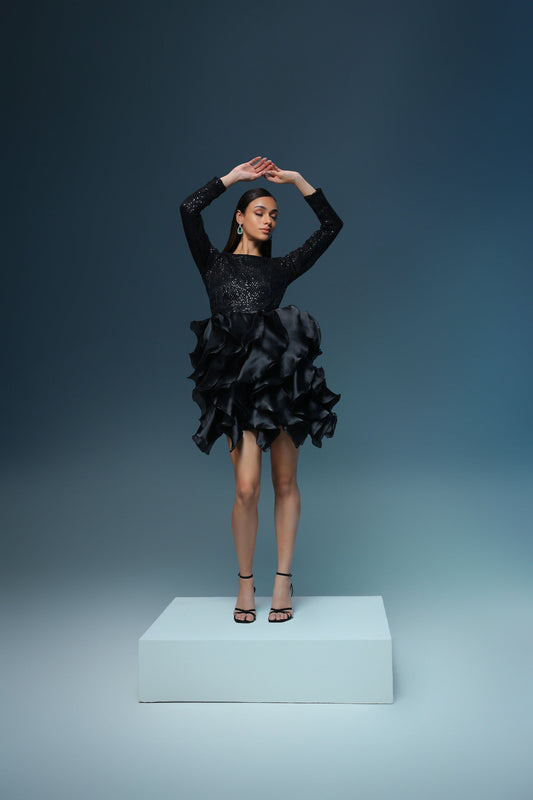 BLACK SEQUIN ORGANZA RUFFLE DRESS