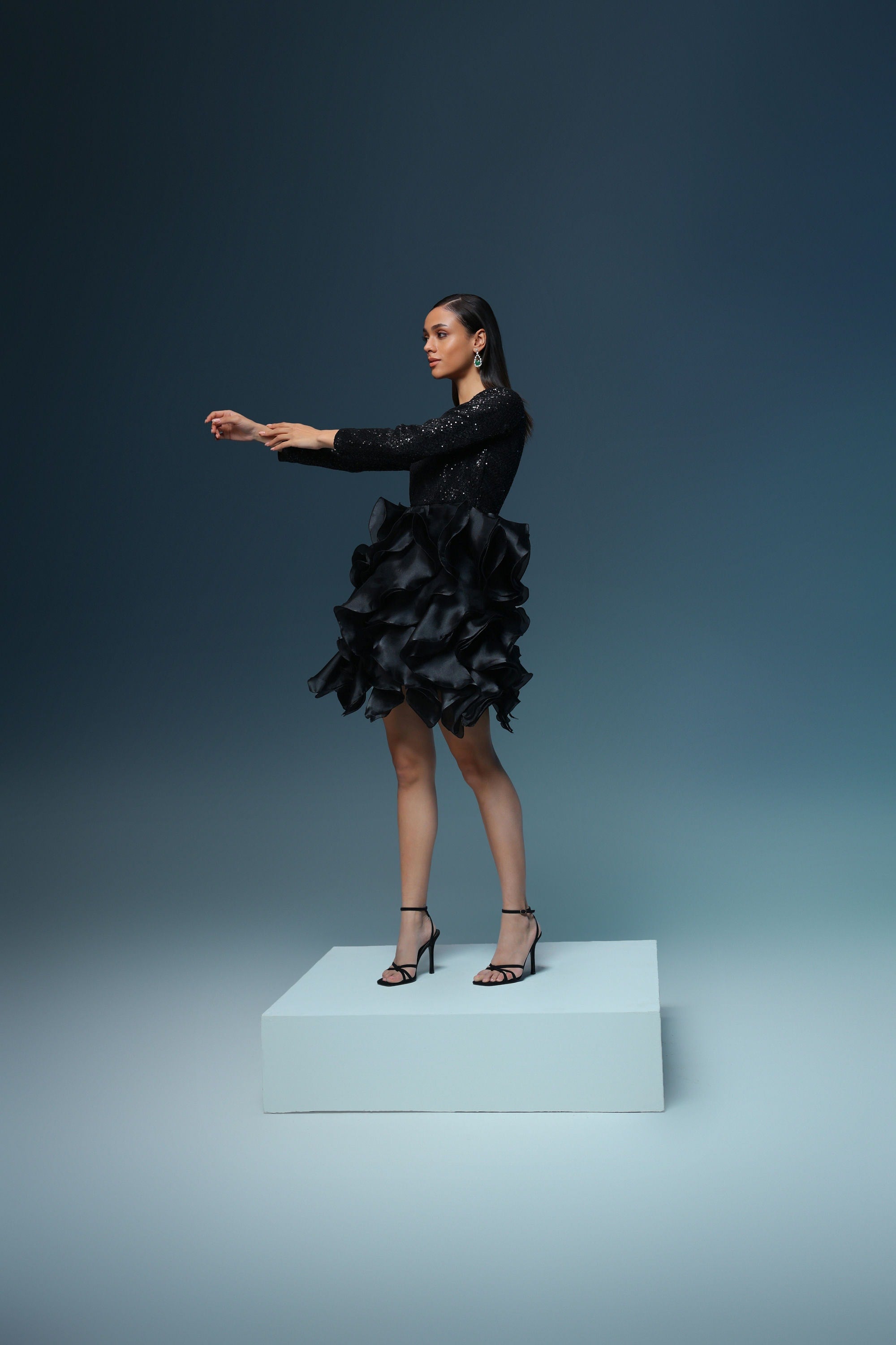 BLACK SEQUIN ORGANZA RUFFLE DRESS