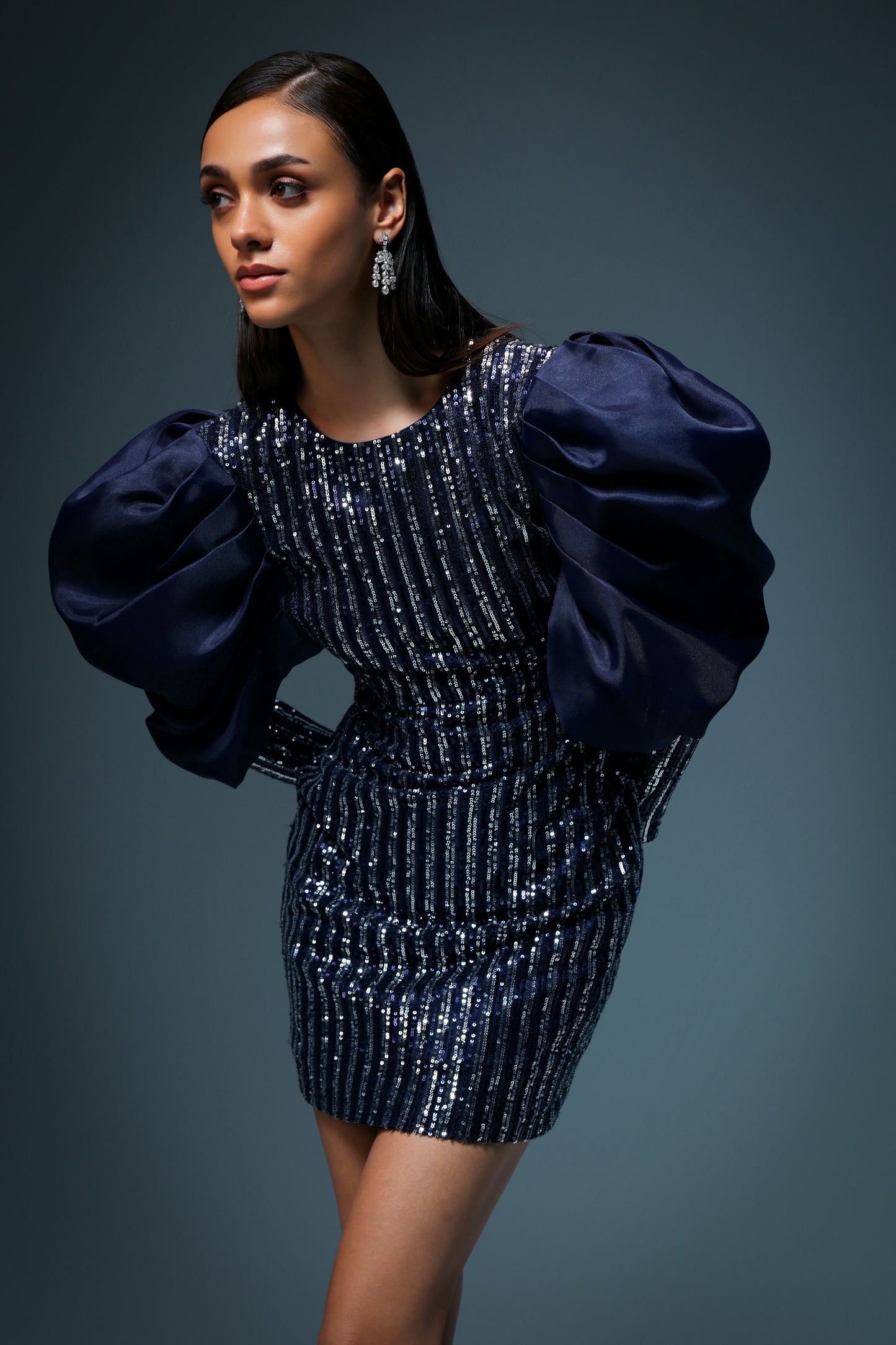 NAVY AND SILVER SEQUIN ORGANZA DRESS