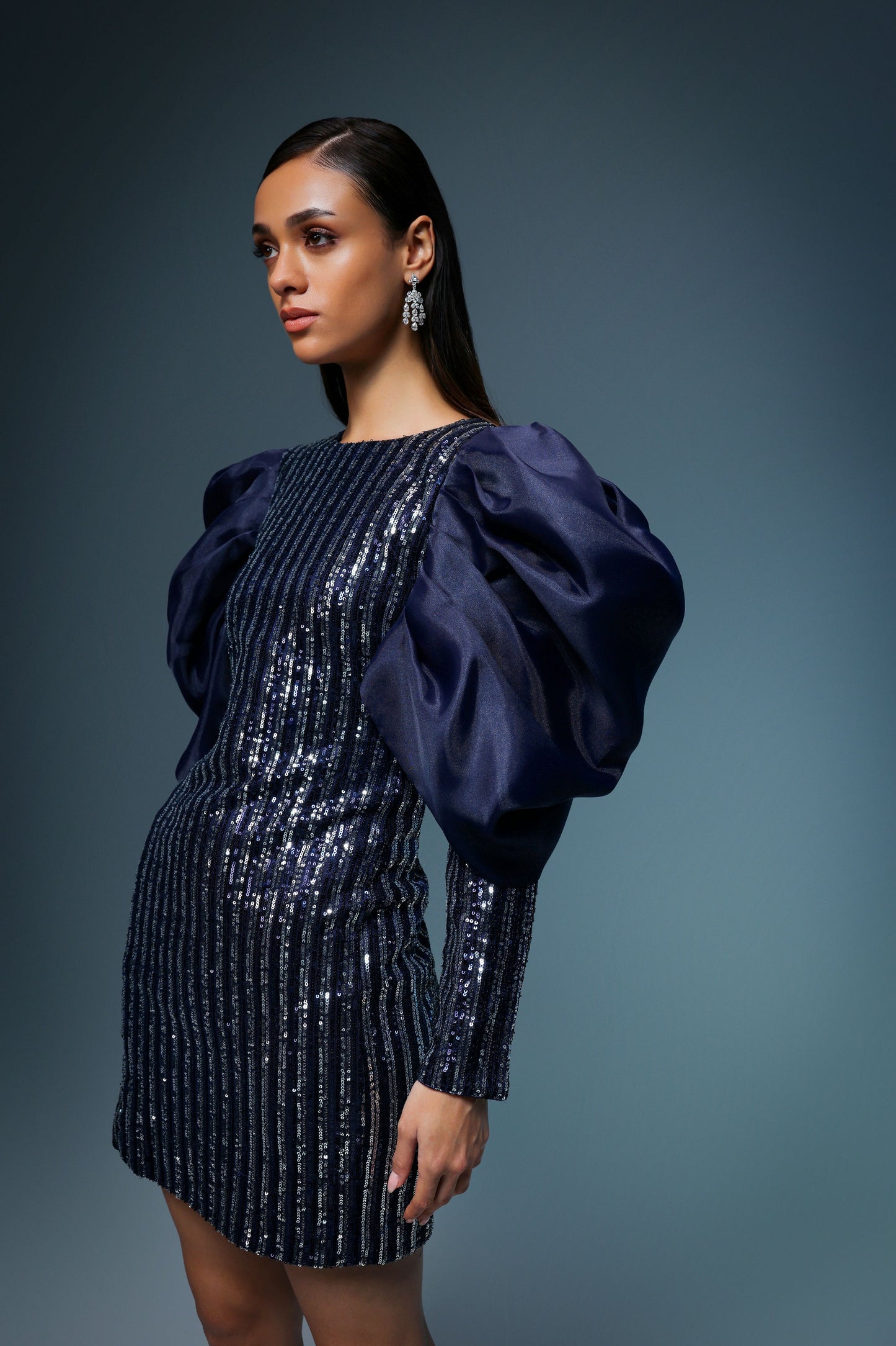 NAVY AND SILVER SEQUIN ORGANZA DRESS