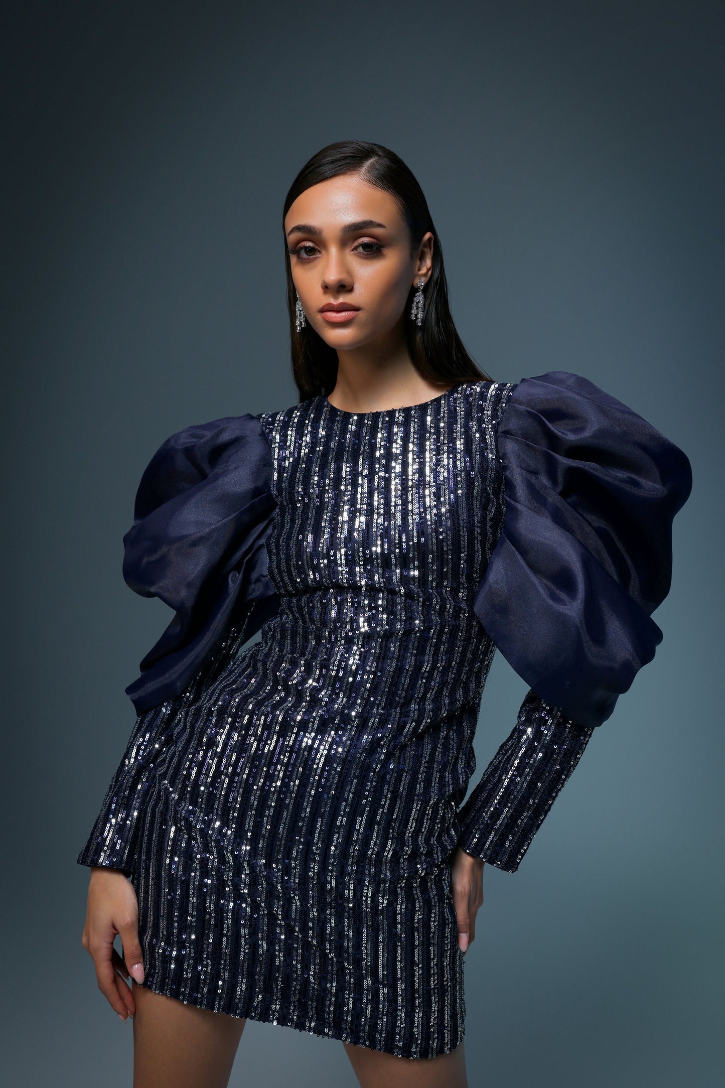 NAVY AND SILVER SEQUIN ORGANZA DRESS