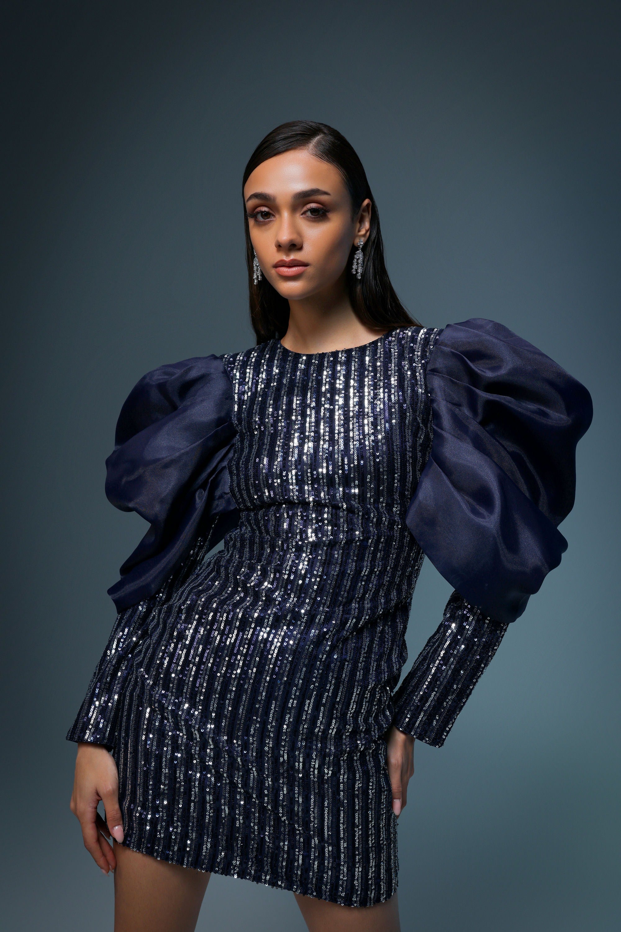 NAVY AND SILVER SEQUIN ORGANZA DRESS