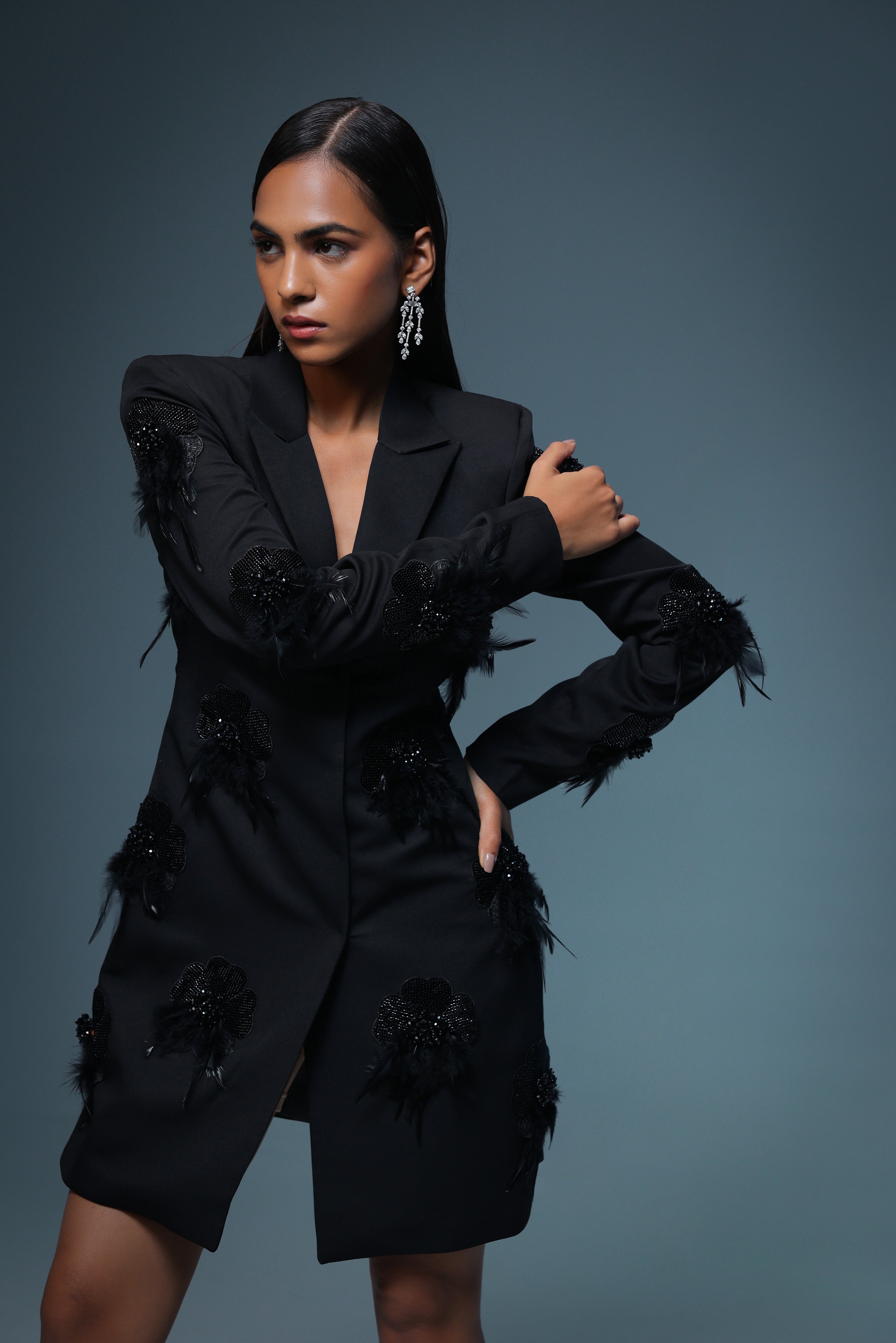 BLACK FLOWER EMBELLISHED  BLAZER DRESS