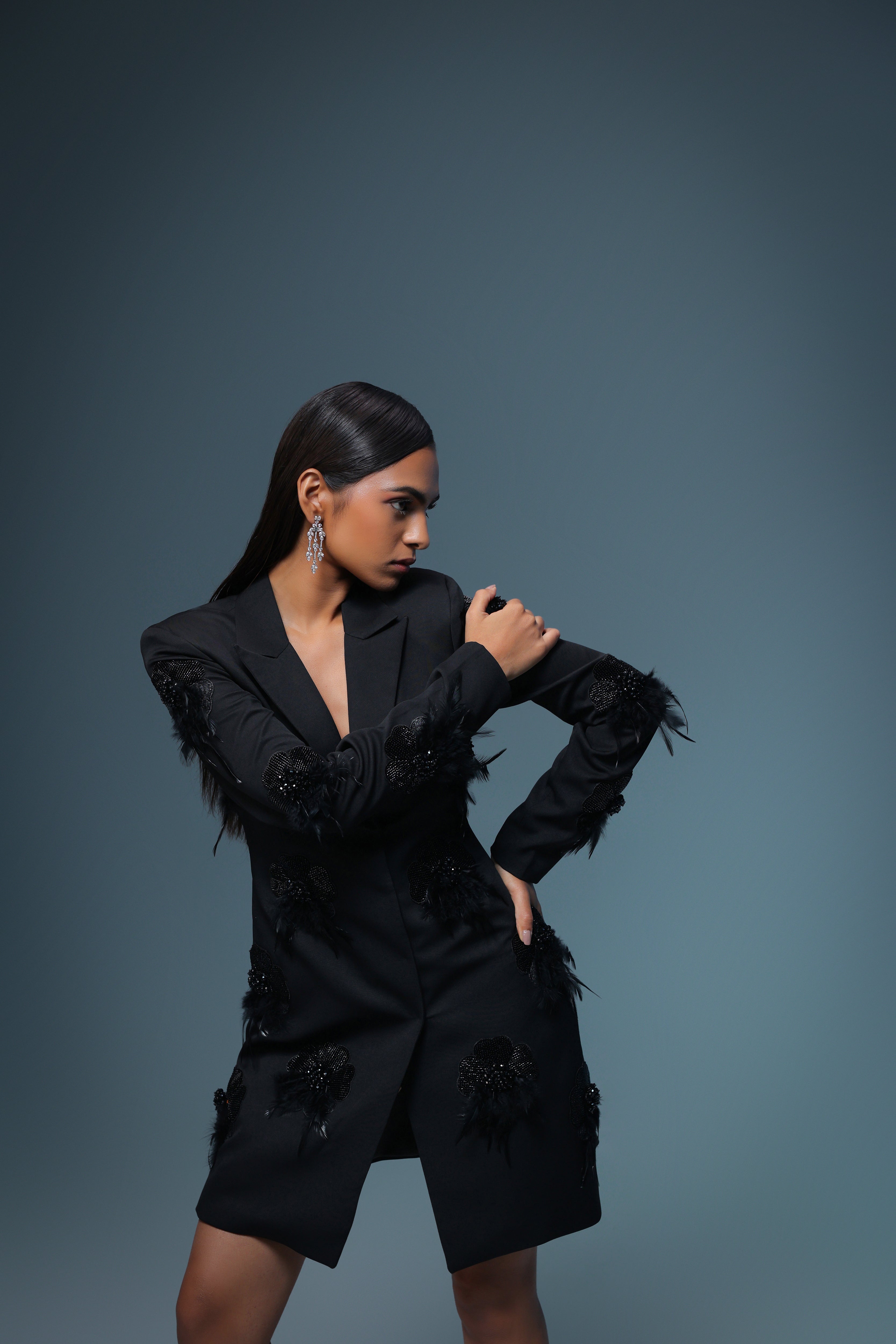 BLACK FLOWER EMBELLISHED  BLAZER DRESS