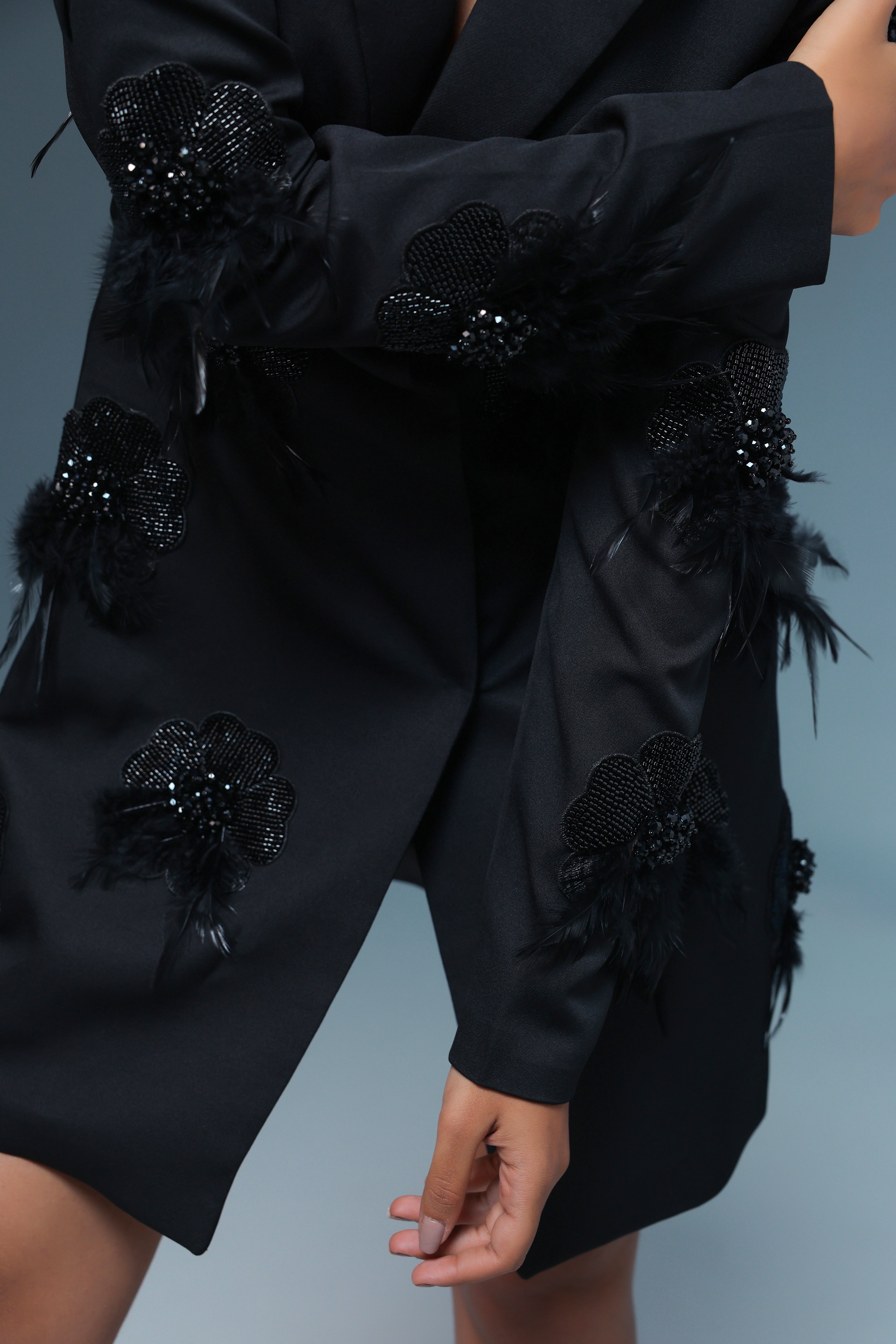 BLACK FLOWER EMBELLISHED  BLAZER DRESS