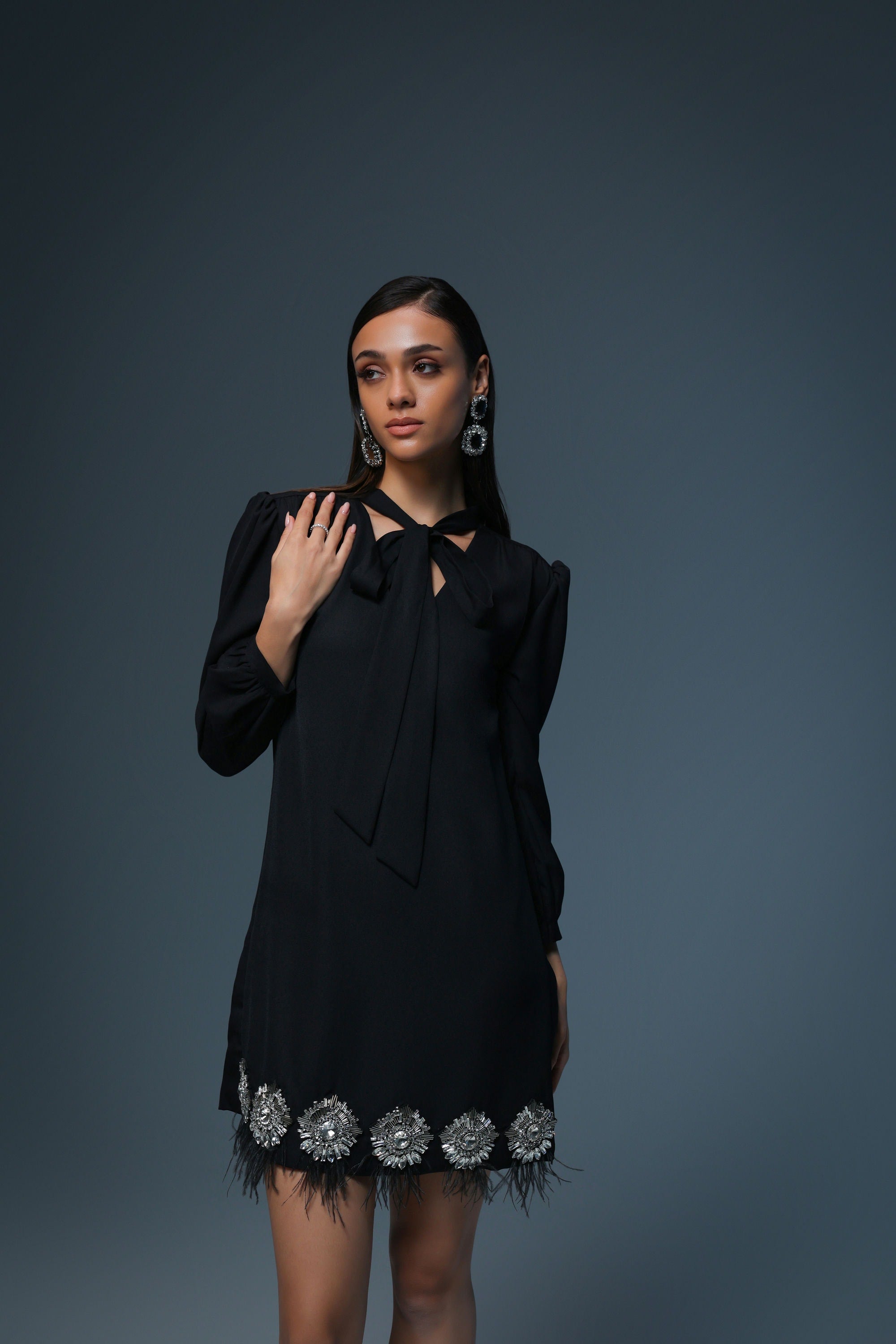 BLACK EMBELLISHED TIE DRESS