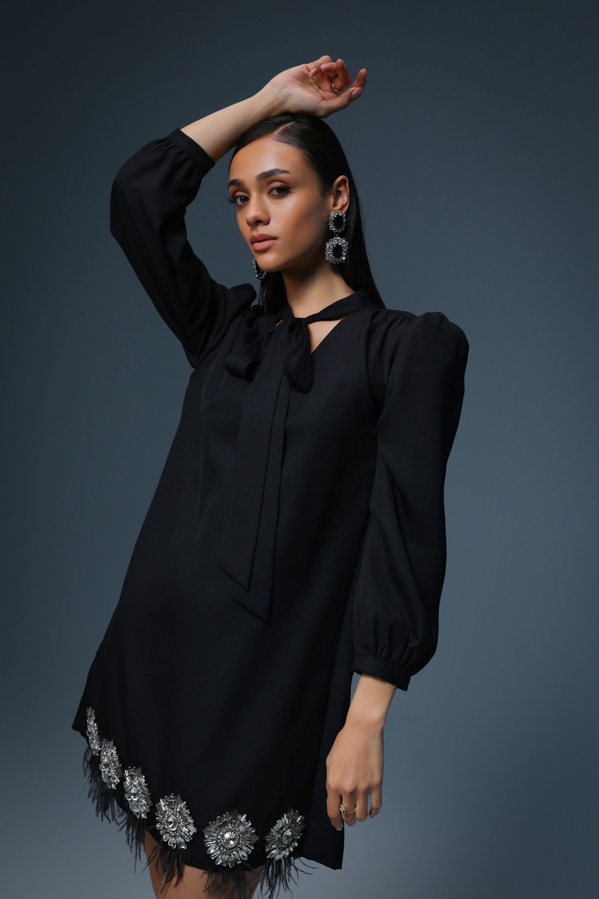 BLACK EMBELLISHED TIE DRESS