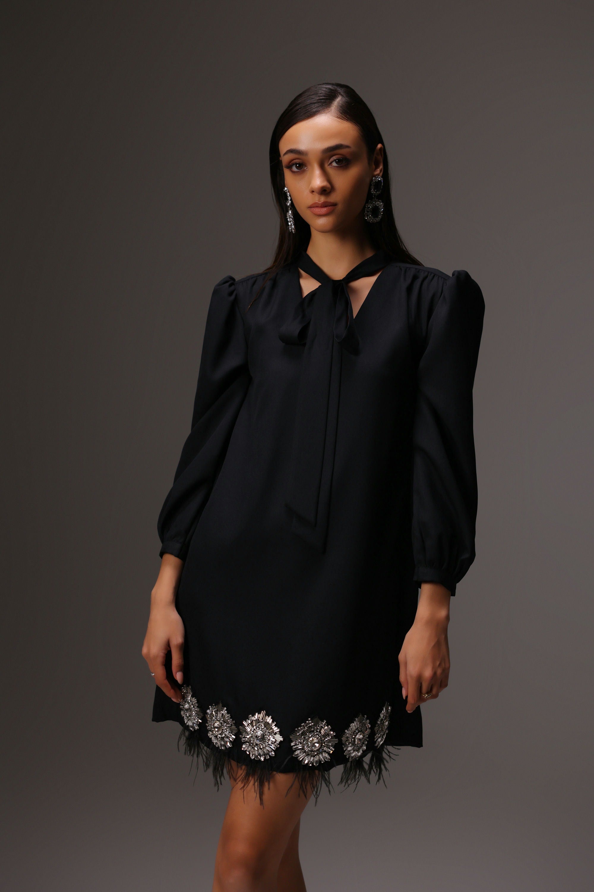 BLACK EMBELLISHED TIE DRESS