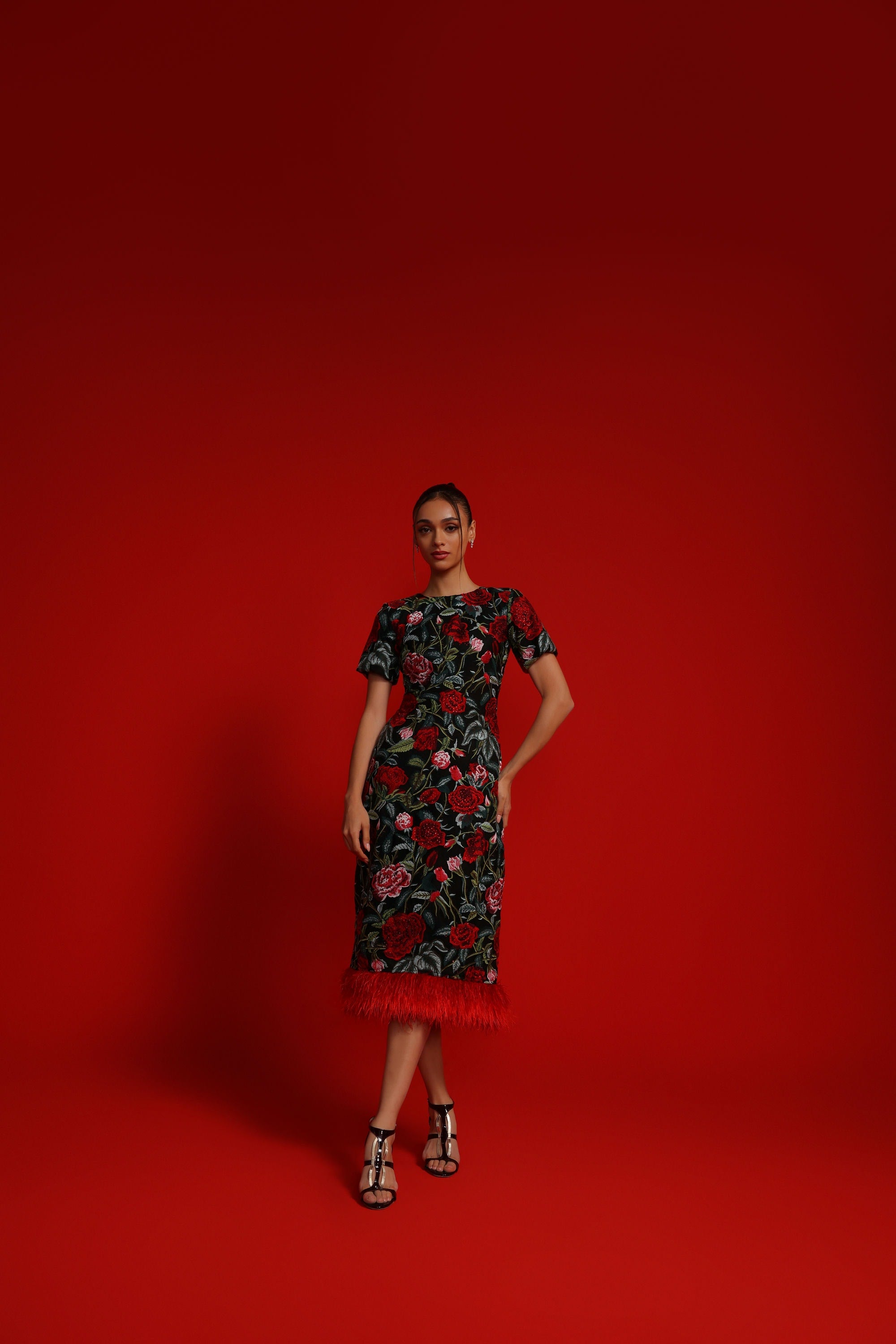 BLACK AND RED ROSE FEATHER DRESS