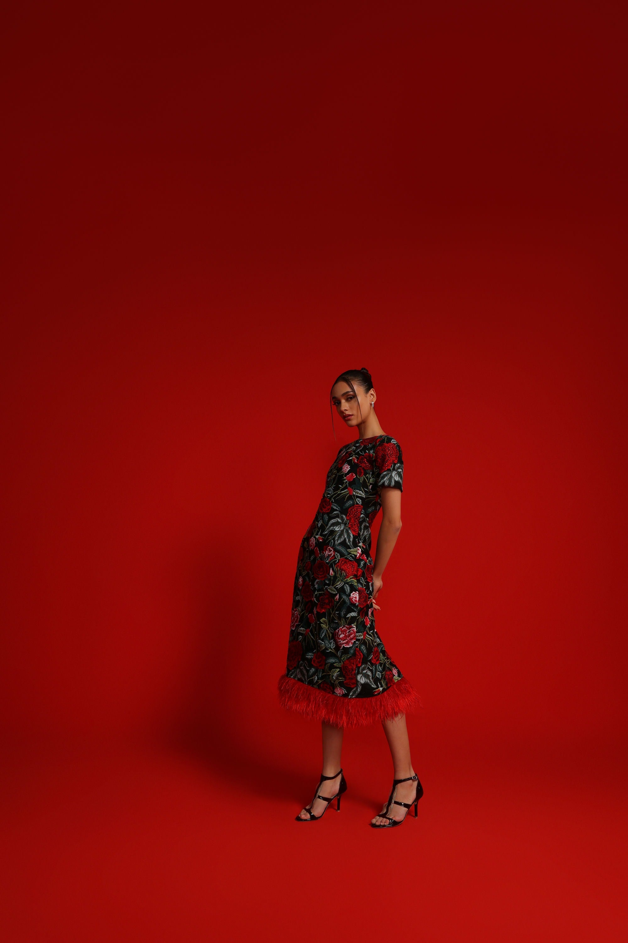 BLACK AND RED ROSE FEATHER DRESS