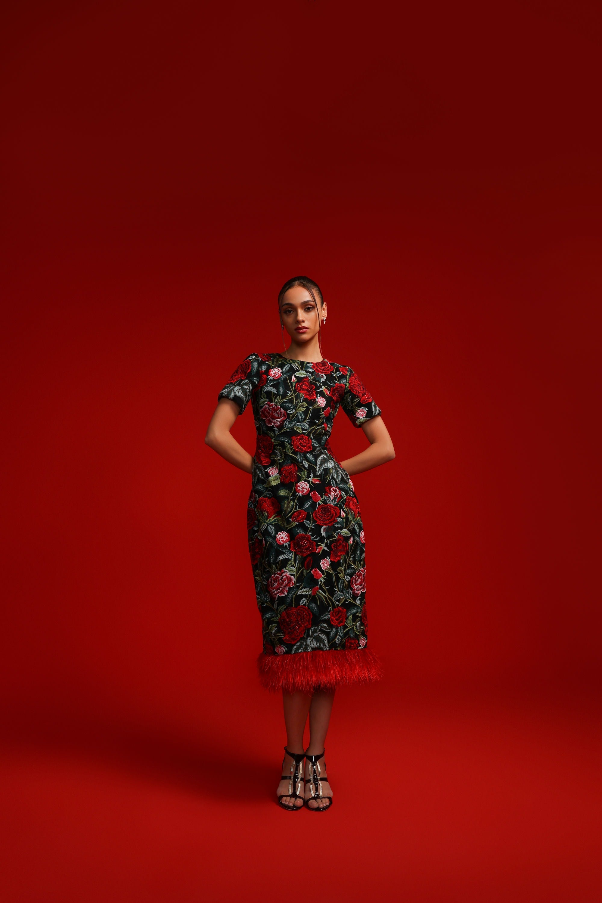 BLACK AND RED ROSE FEATHER DRESS