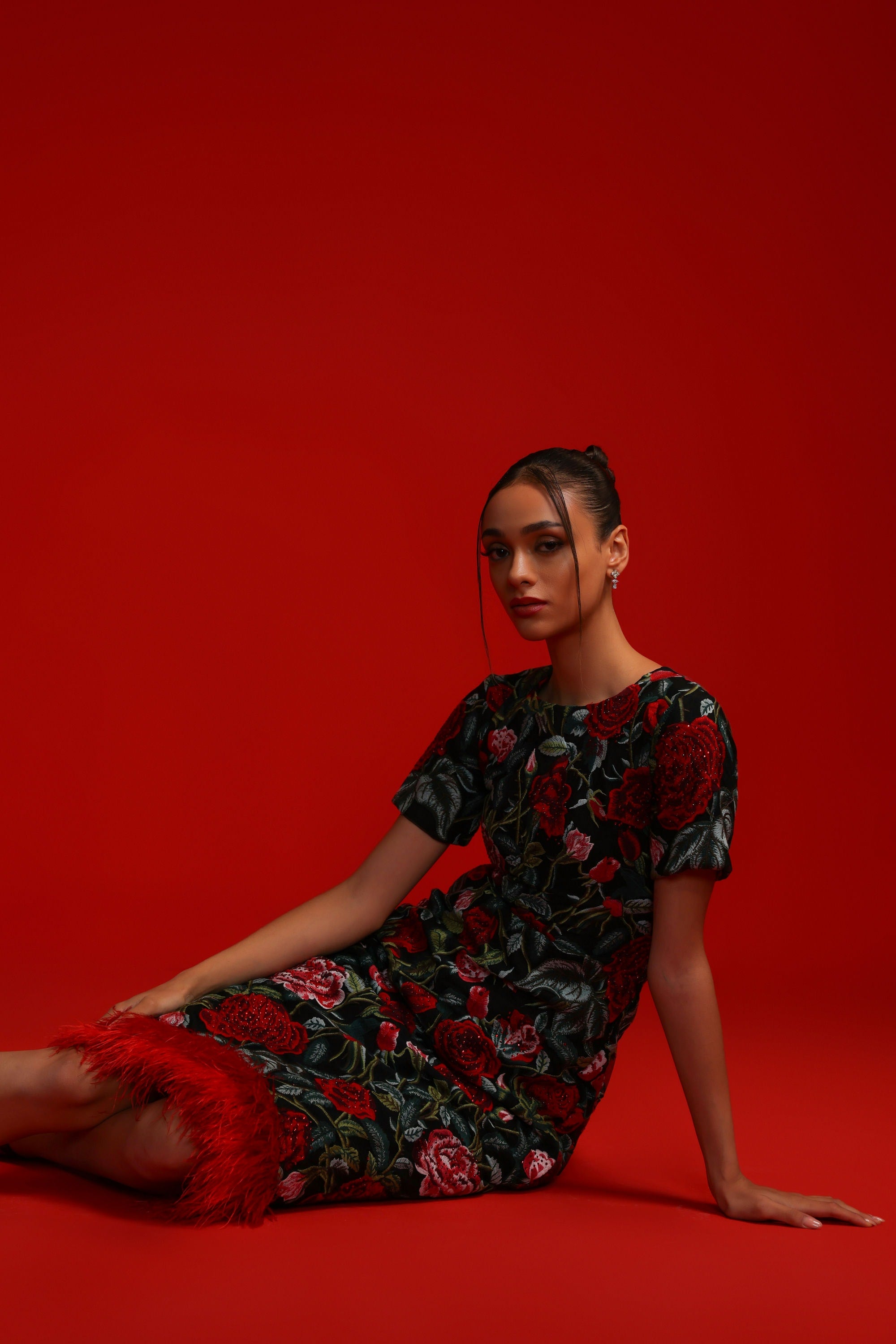 BLACK AND RED ROSE FEATHER DRESS