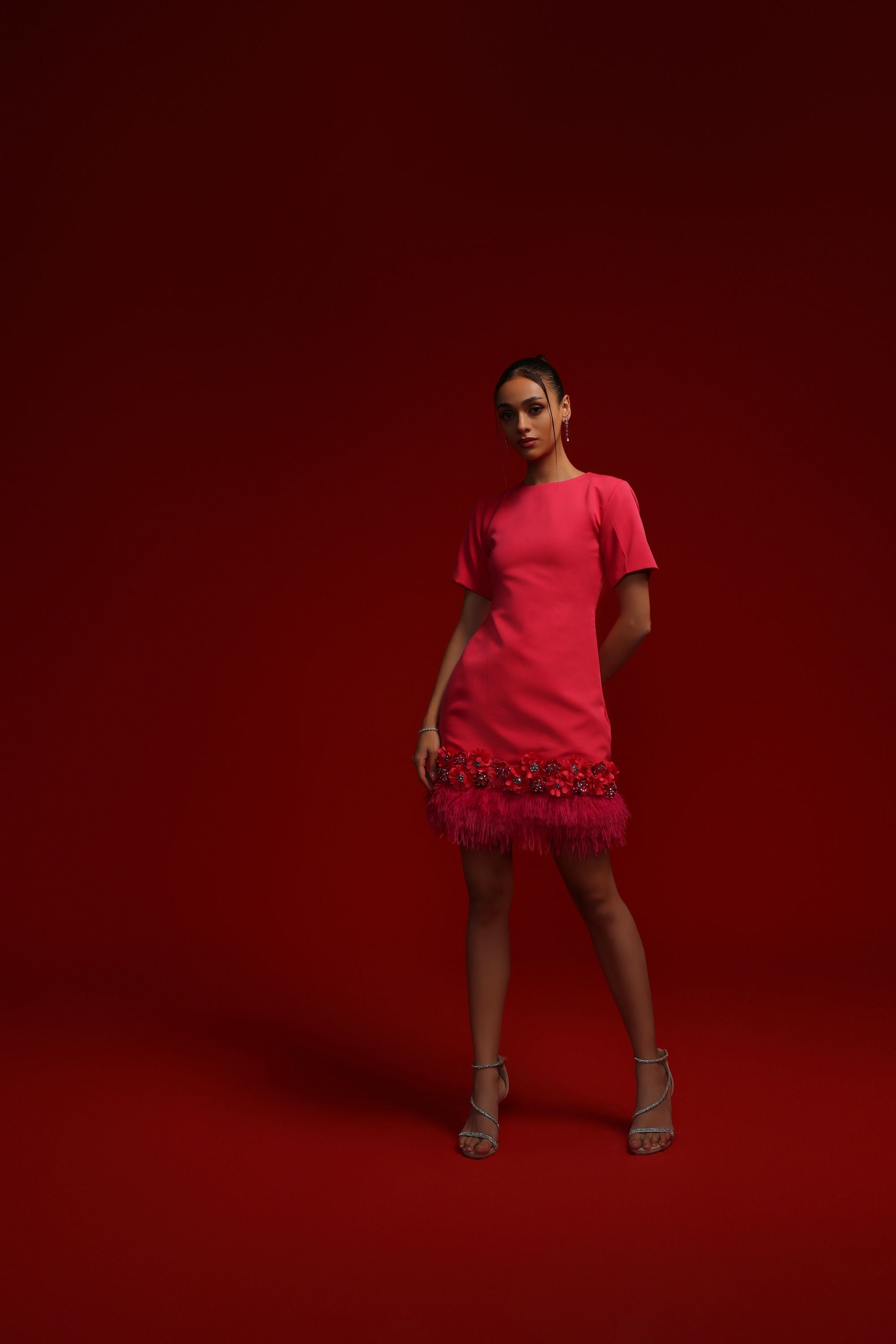 FUSCHIA EMBELLISHED FEATHER DRESS
