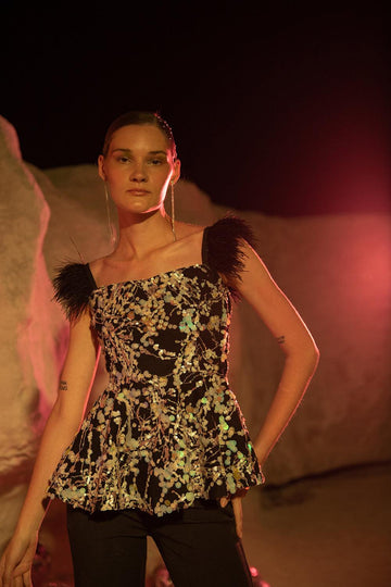 BLACK SEQUIN & FEATHER TOP - LabelIris