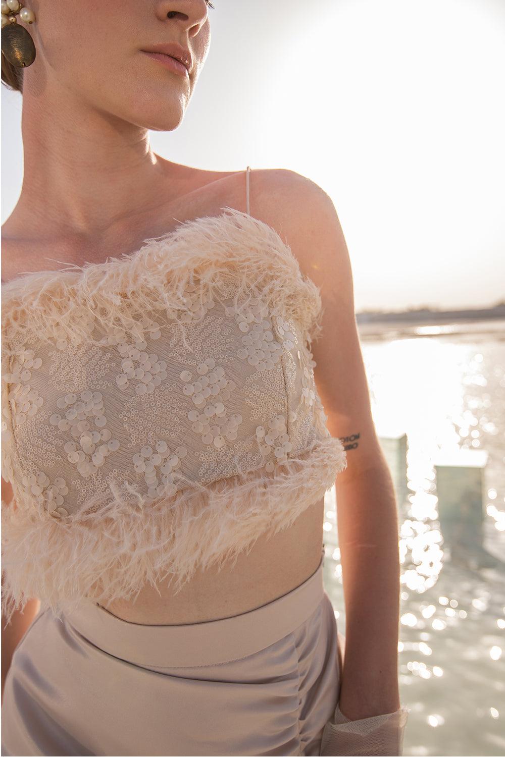 CREAM FEATHER CROP TOP - LabelIris