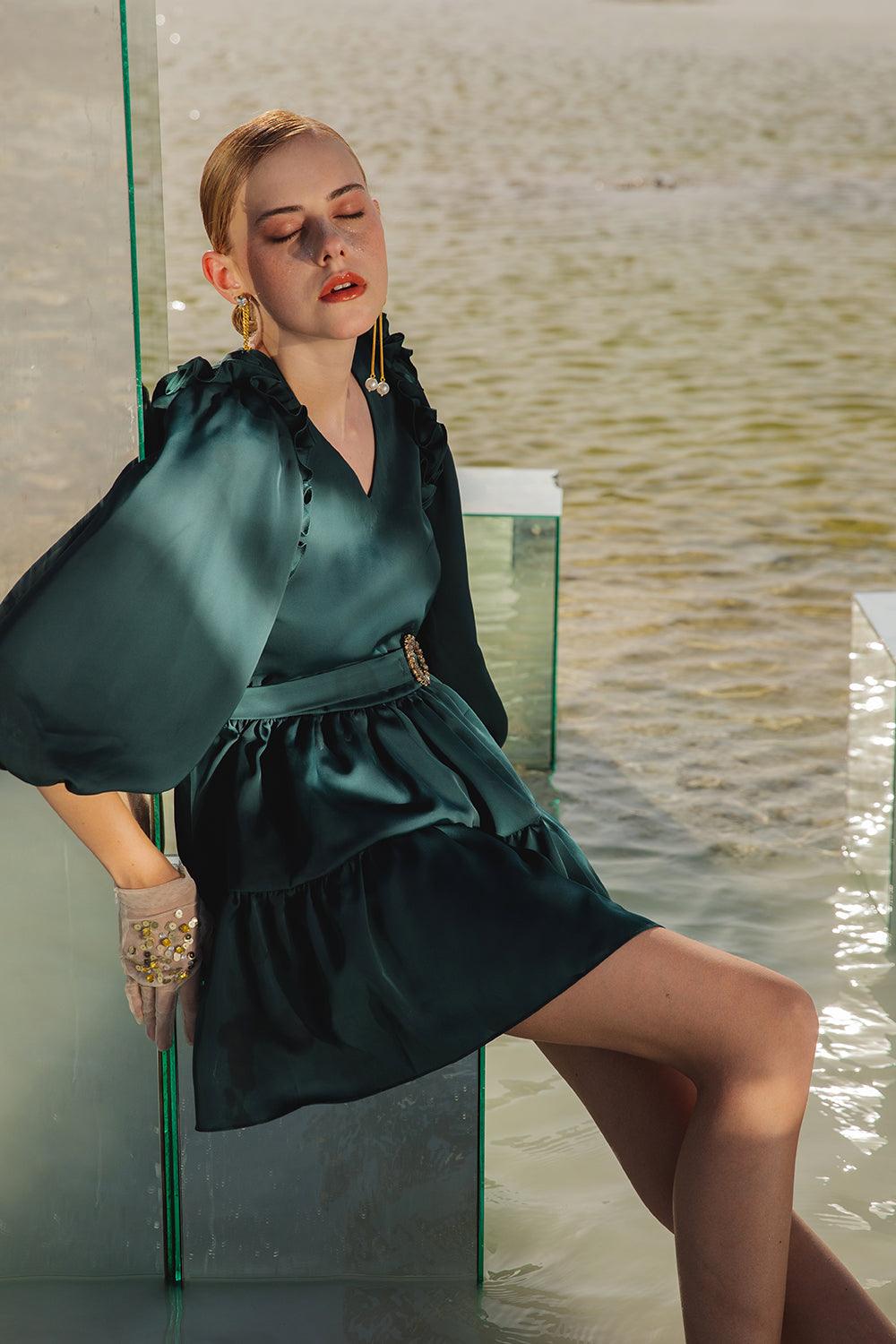 EMERALD RUFFLE DRESS - LabelIris