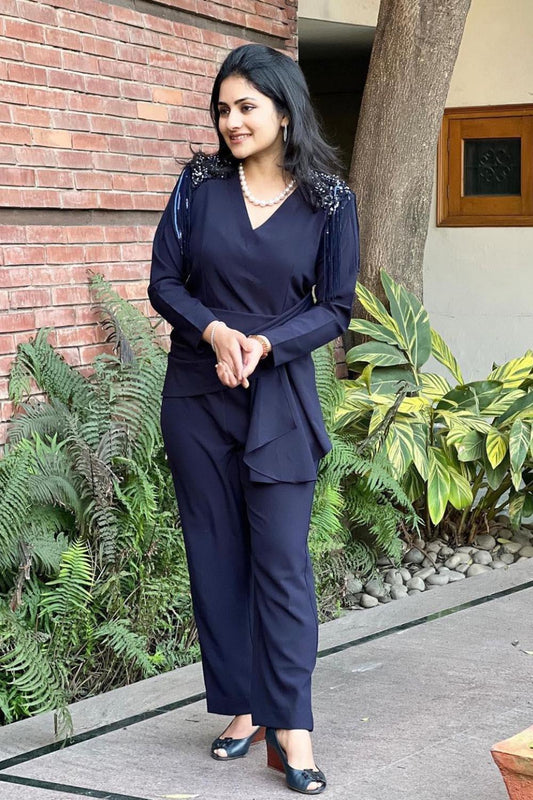 SAKSHI IN NAVY DRAPE CO-ORD SET - LabelIris